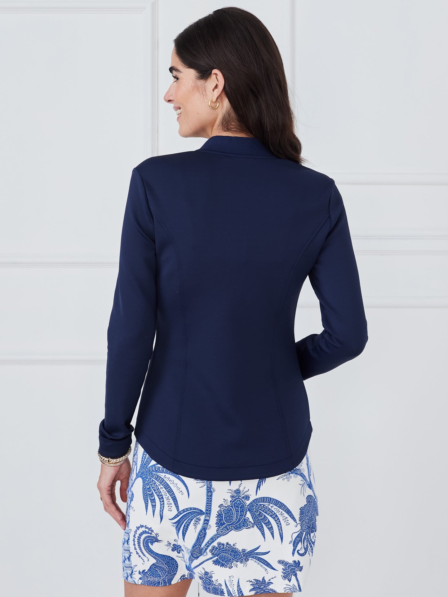 J.McLaughlin Jane jacket in navy in our scuba knit fabric.