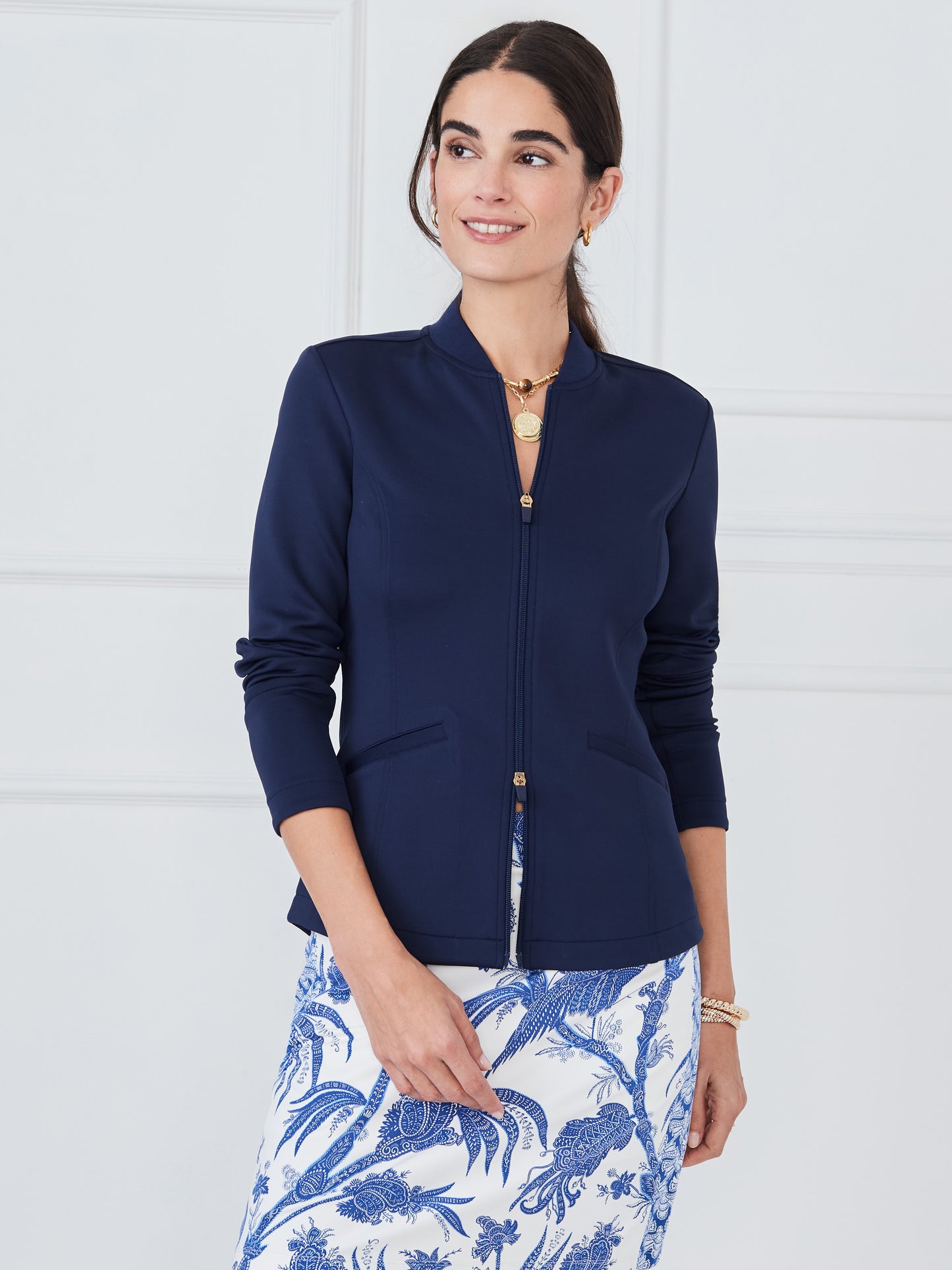 J.McLaughlin Jane jacket in navy in our scuba knit fabric.