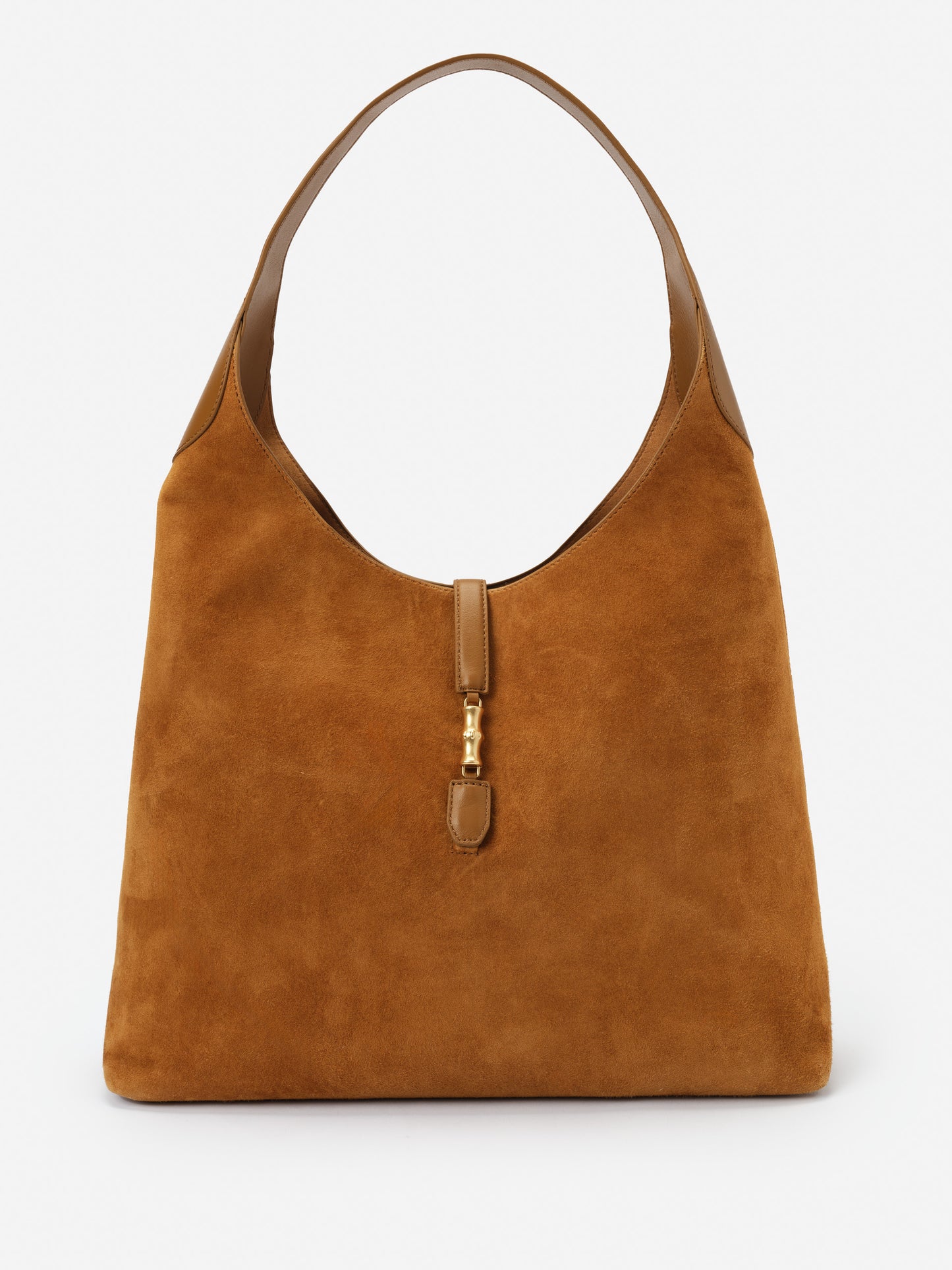 Jenna Suede Tote in rich saddle brown suede with smooth leather strap and gold-tone hardware by J.McLaughlin, showcasing effortlessly stylish, enduring designs and timeless craftsmanship.