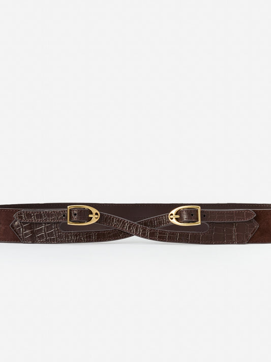 J.McLaughlin Jimena belt in dark brown made with embossed leather/suede.