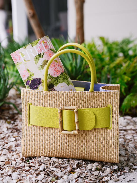J.McLaughlin Holland handbag in natural/yellow made with straw.
