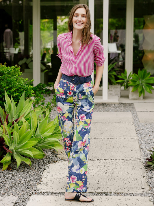 Model wearing J.McLaughlin Broderick pants in navy/multi made with tencel.