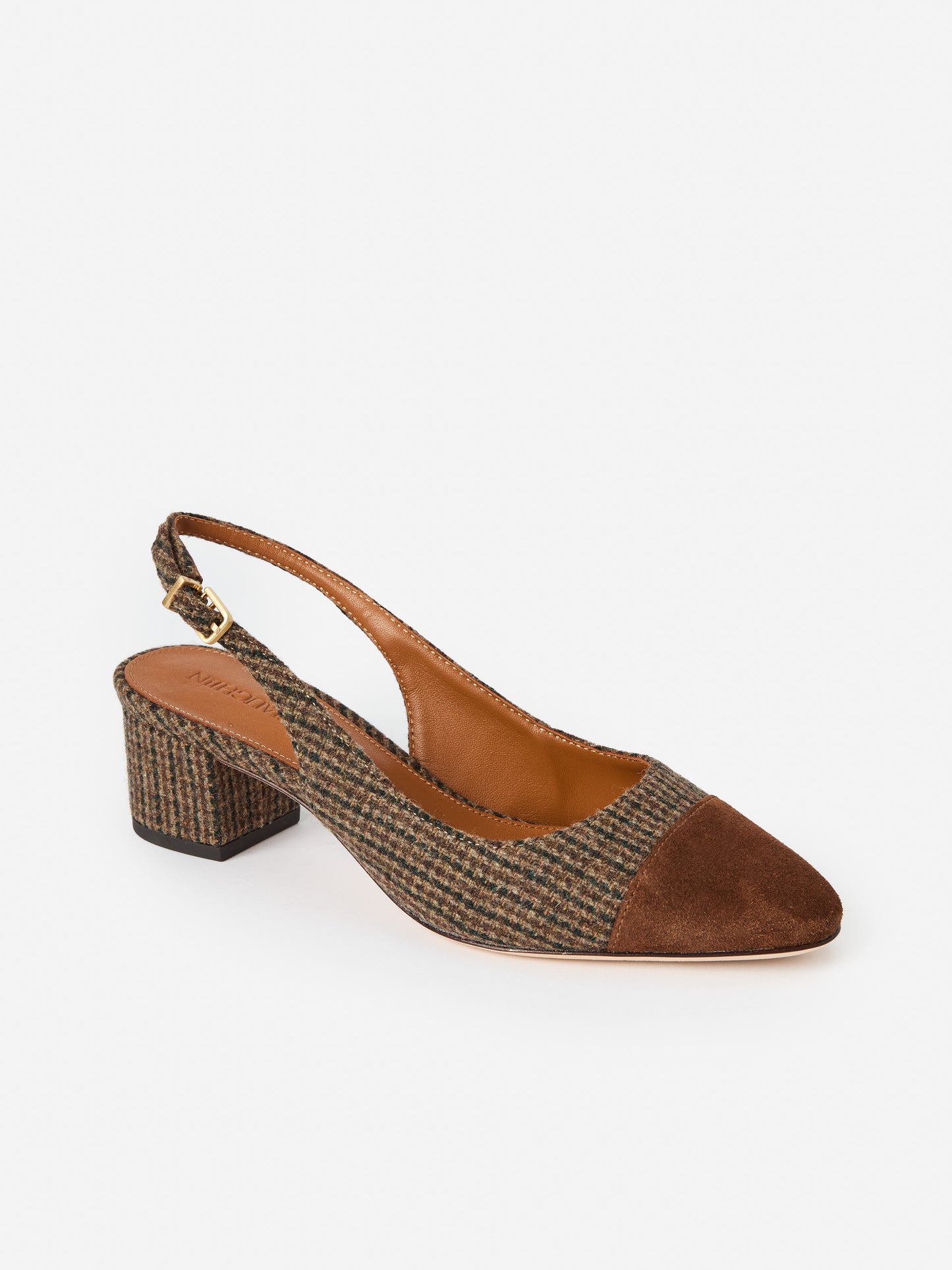 J.McLaughlin Jocelyn shoes in dark brown/toasted coconut made with suede/tweed.
