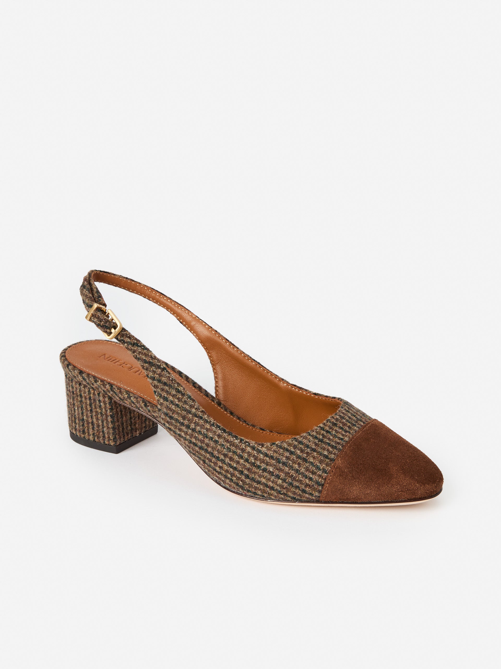 J.McLaughlin Jocelyn shoes in dark brown/toasted coconut made with suede/tweed.