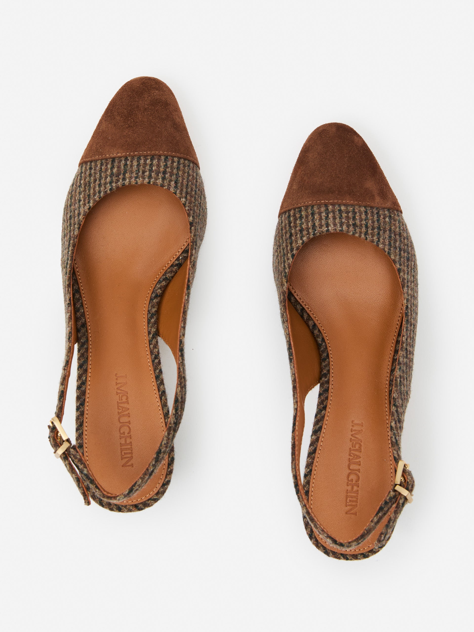 J.McLaughlin Jocelyn shoes in dark brown/toasted coconut made with suede/tweed.