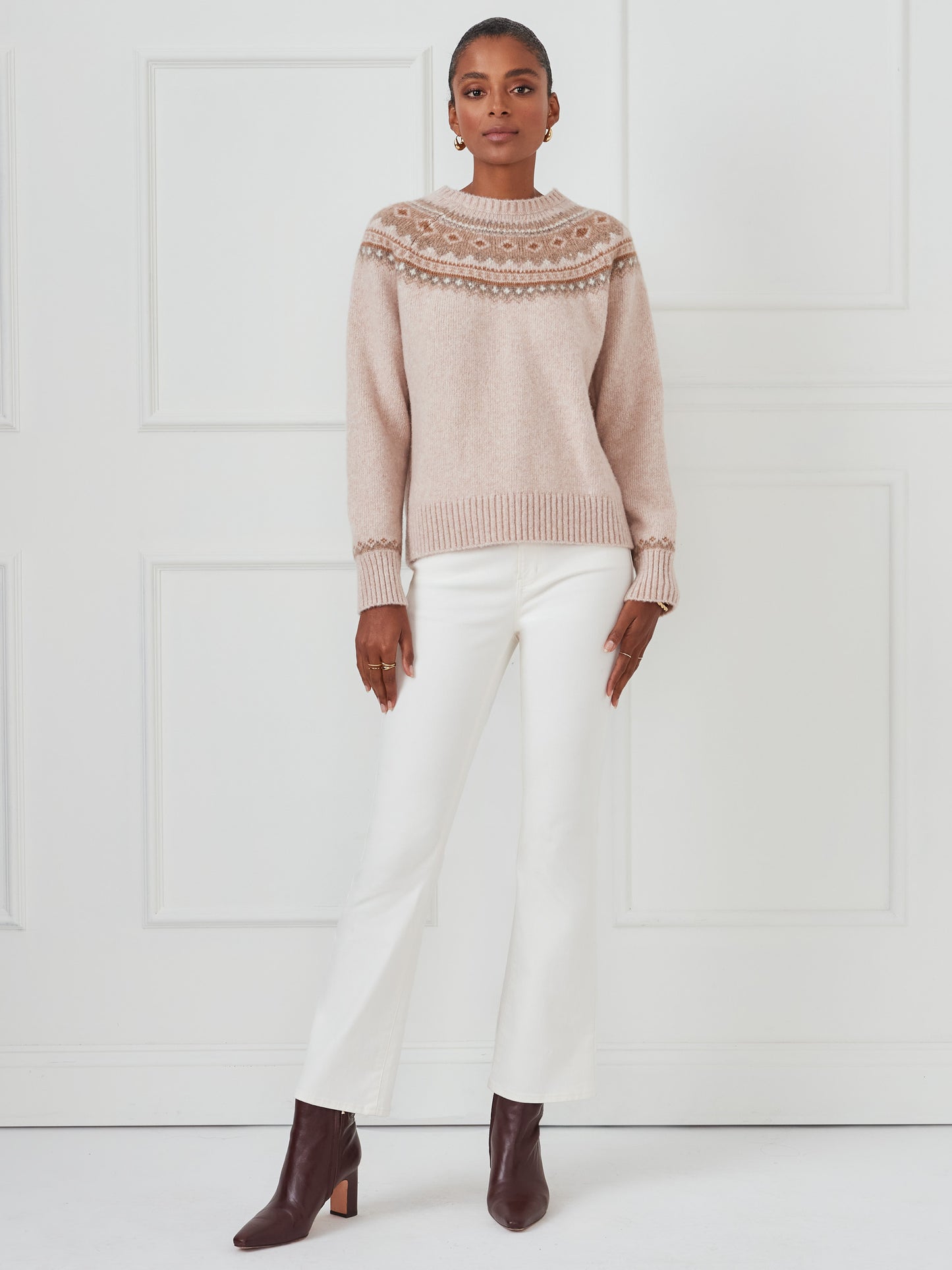 J.McLaughlin Joey sweater in lt camel/camel made with wool/cotton.