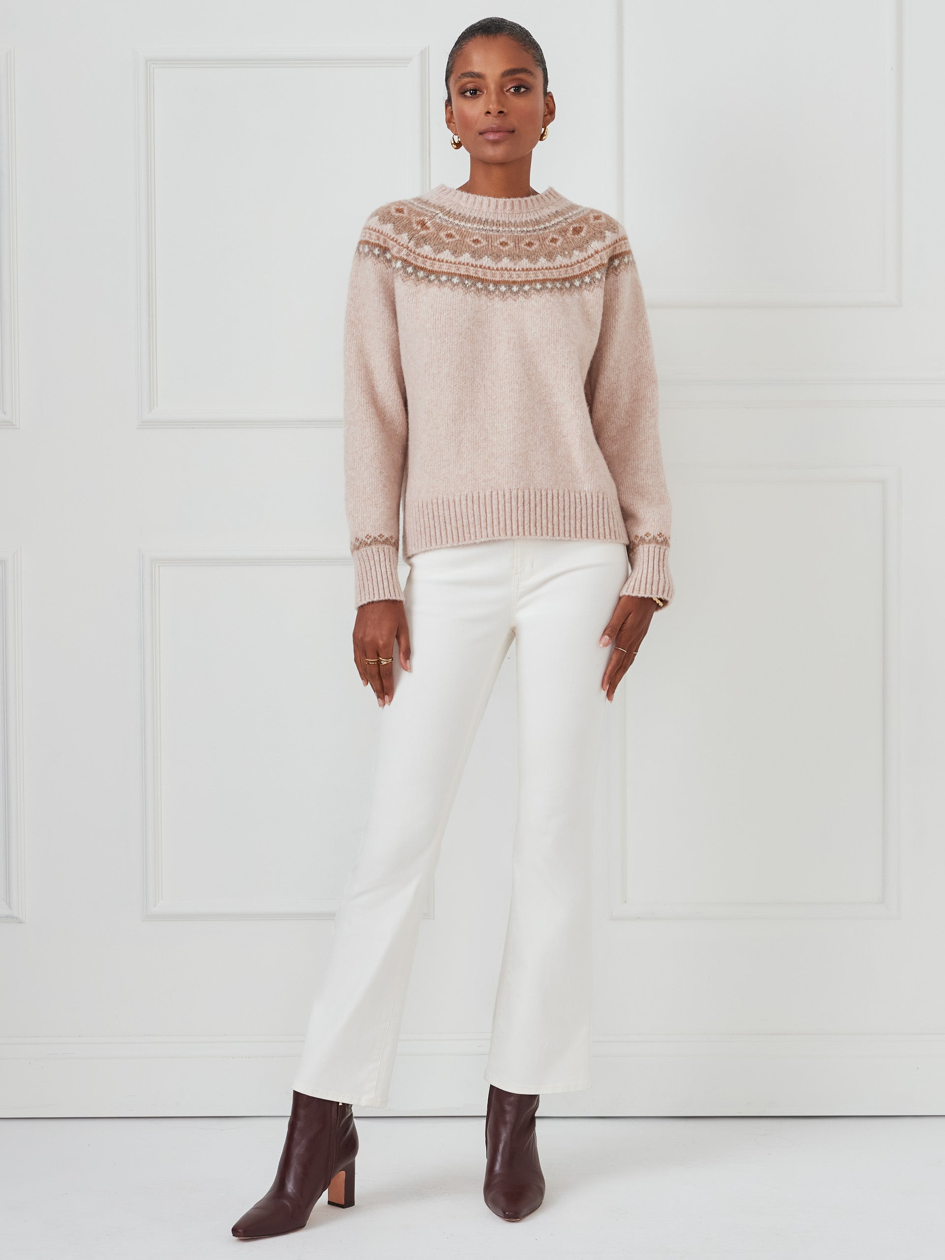 J.McLaughlin Joey sweater in lt camel/camel made with wool/cotton.