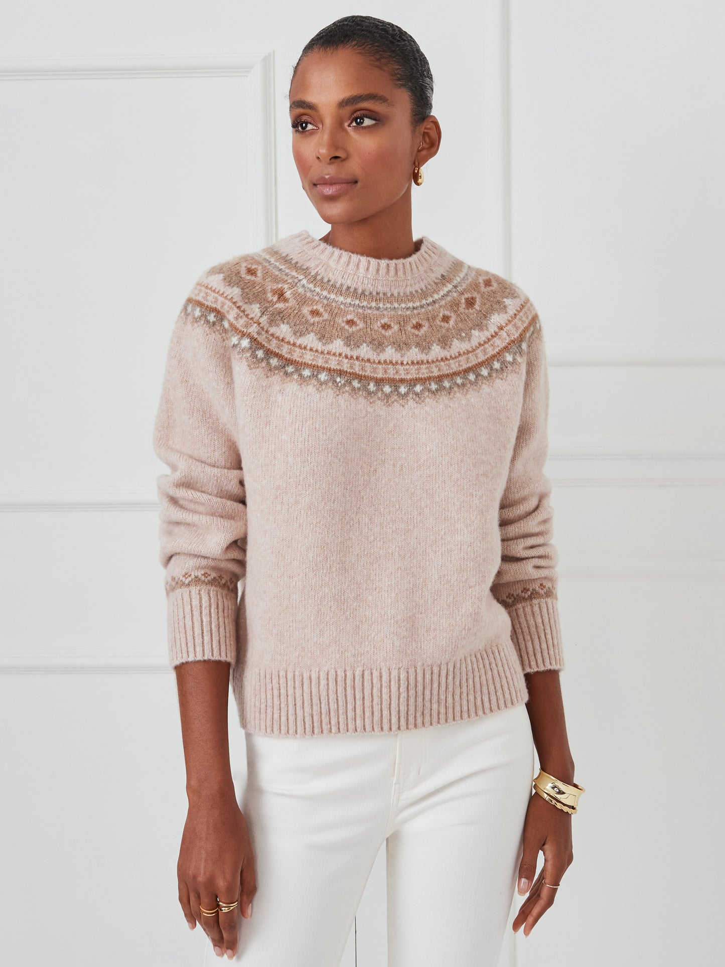 J.McLaughlin Joey sweater in lt camel/camel made with wool/cotton.