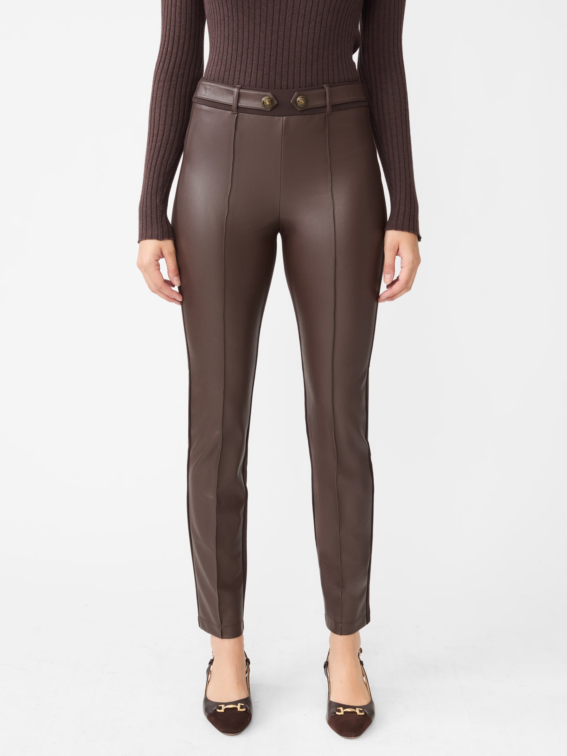 J.Mclaughlin Jules leggings in dark brown made with faux leather and Bainbridge fabric.