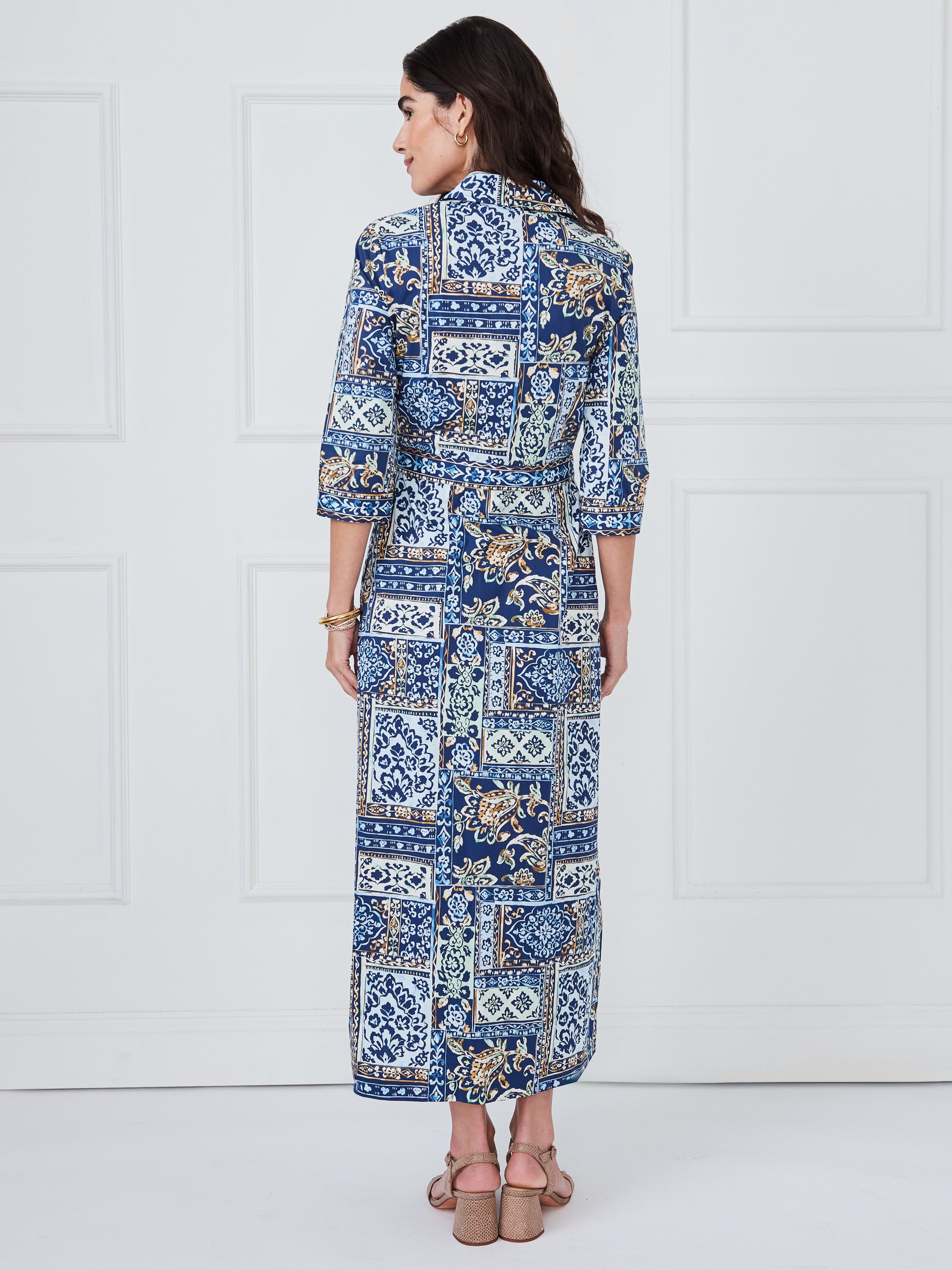 J.McLaughlin Kailyn dress in navy/green/brown made with catalina cloth. 