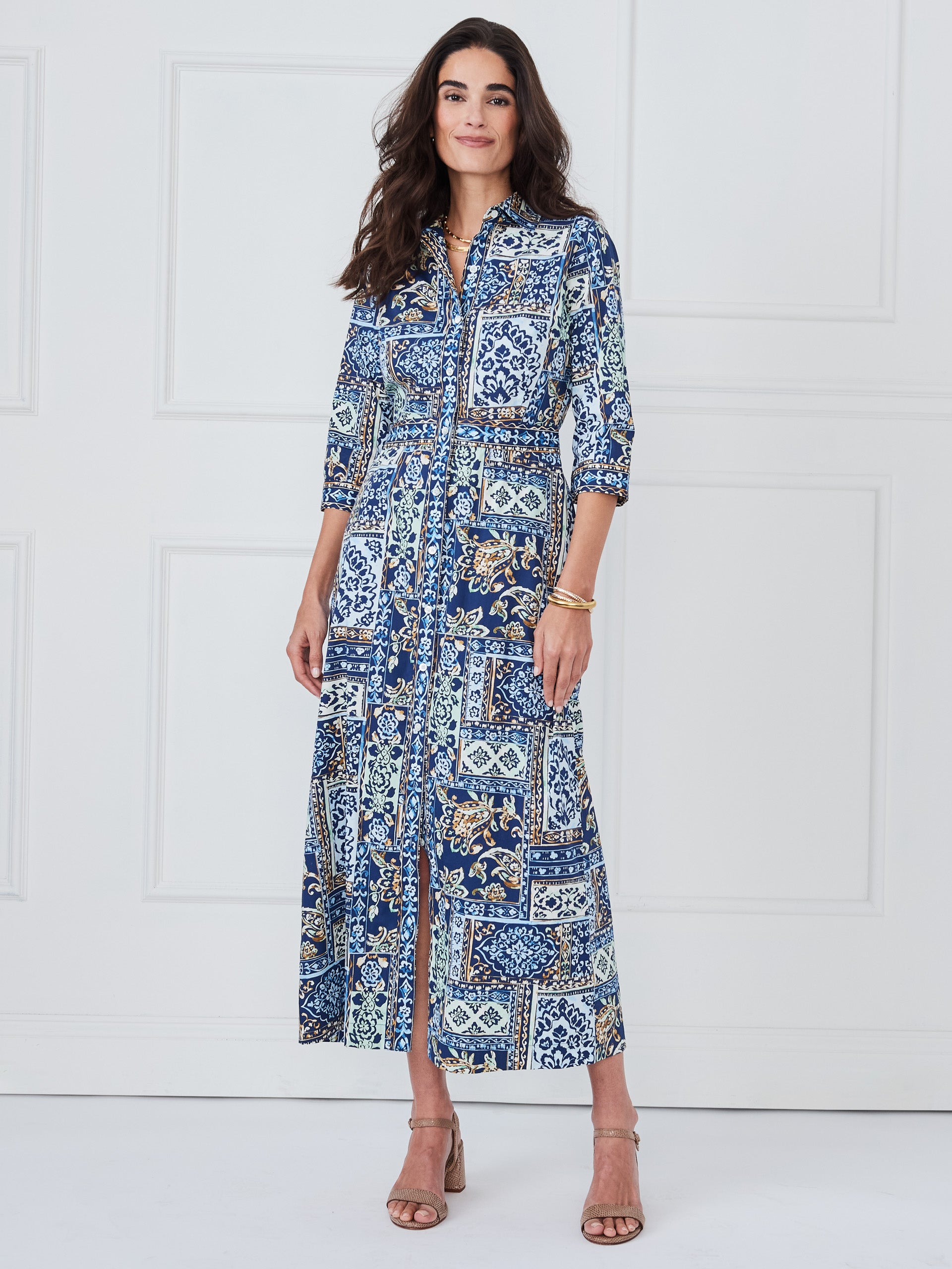 J.McLaughlin Kailyn dress in navy/green/brown made with catalina cloth. 