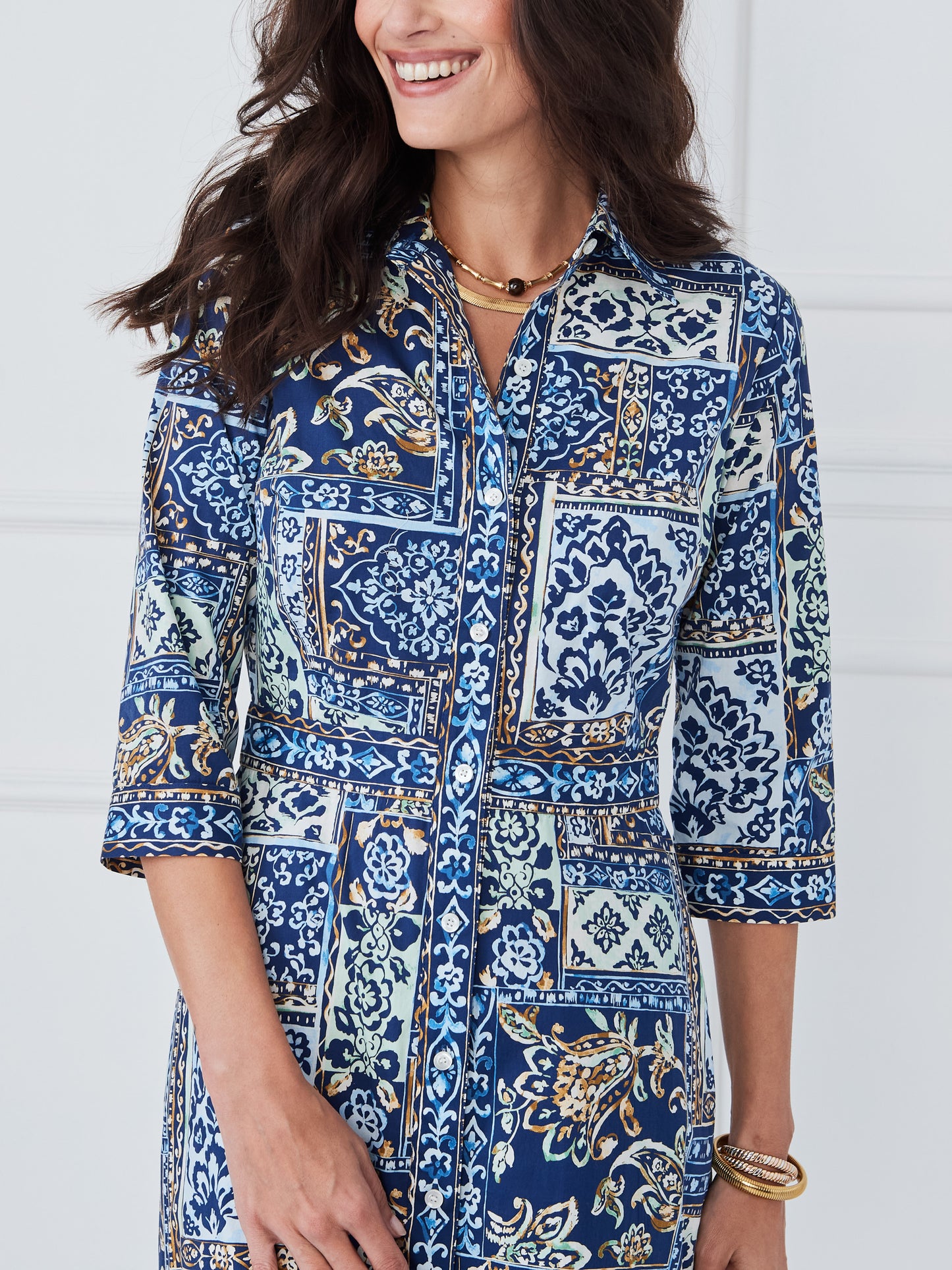 J.McLaughlin Kailyn dress in navy/green/brown made with catalina cloth. 