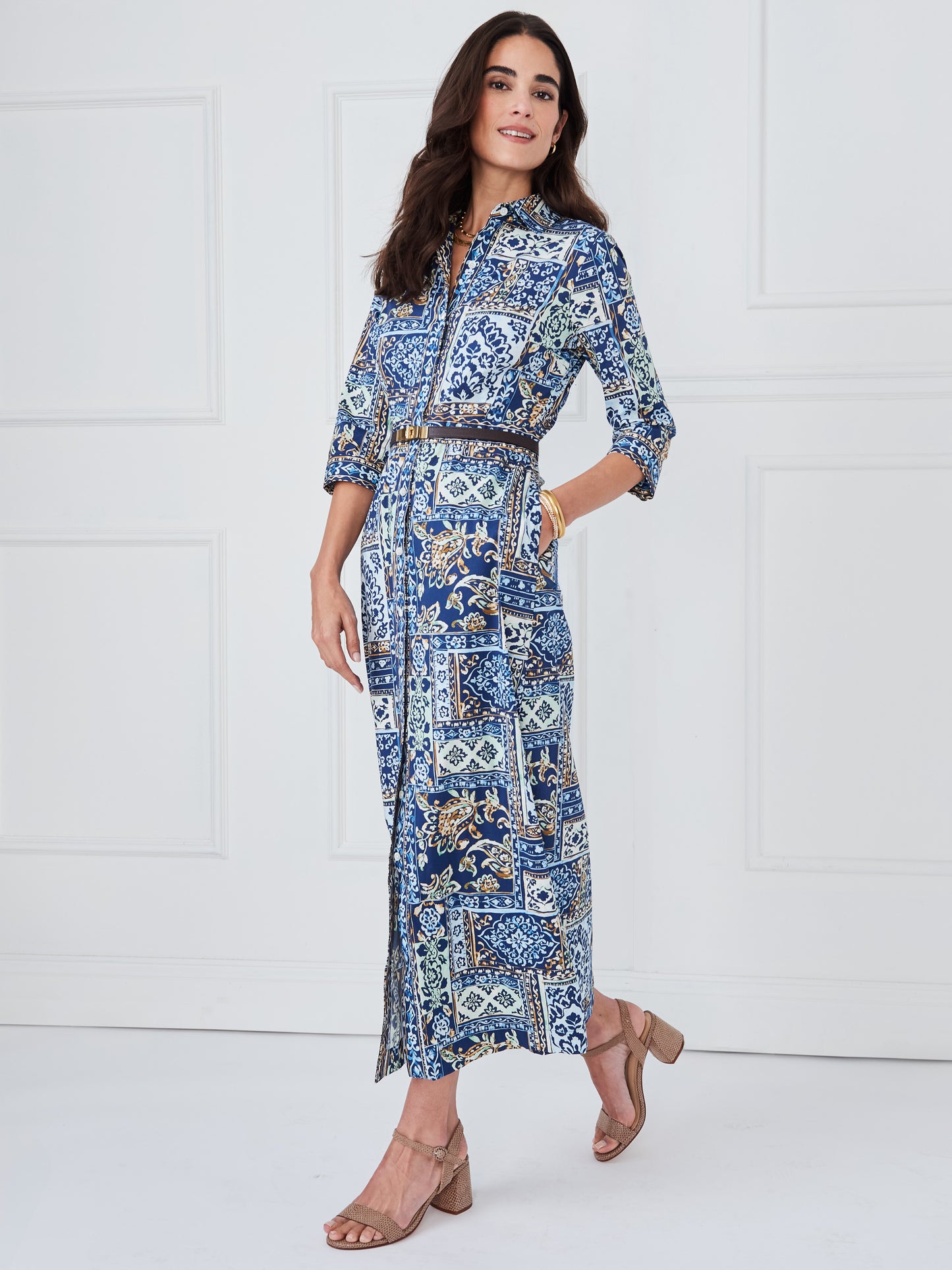 J.McLaughlin Kailyn dress in navy/green/brown made with catalina cloth. 