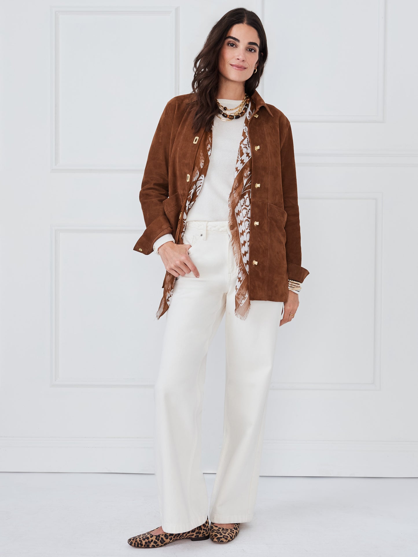 J.McLaughlin Kavya jacket in coffee made with goat suede.