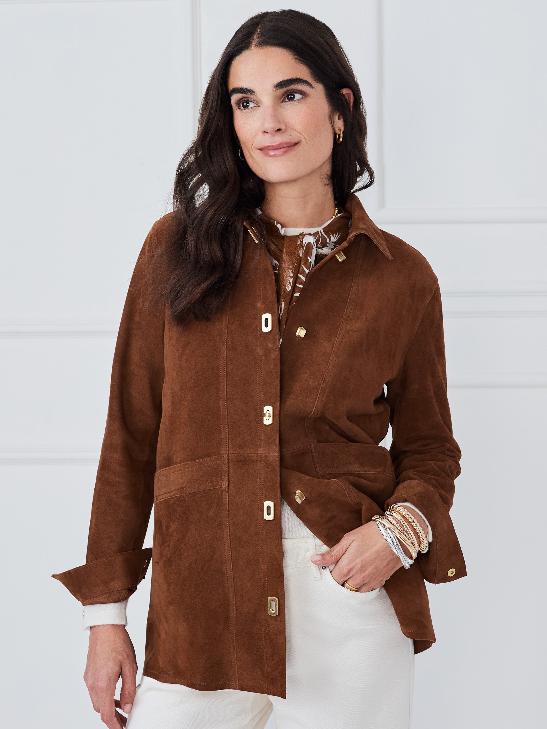 J.McLaughlin Kavya jacket in coffee made with goat suede.