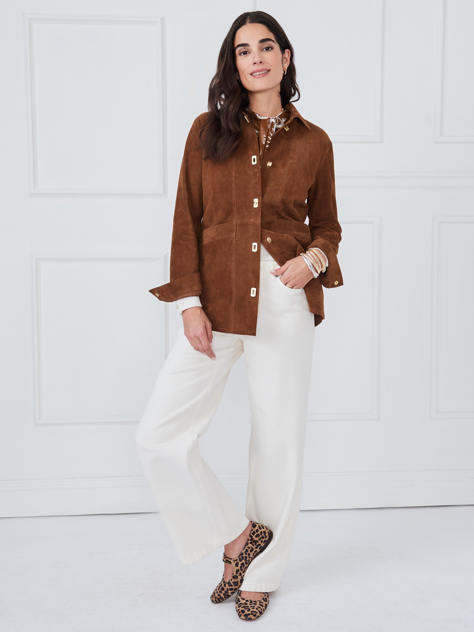 J.McLaughlin Kavya jacket in coffee made with goat suede.