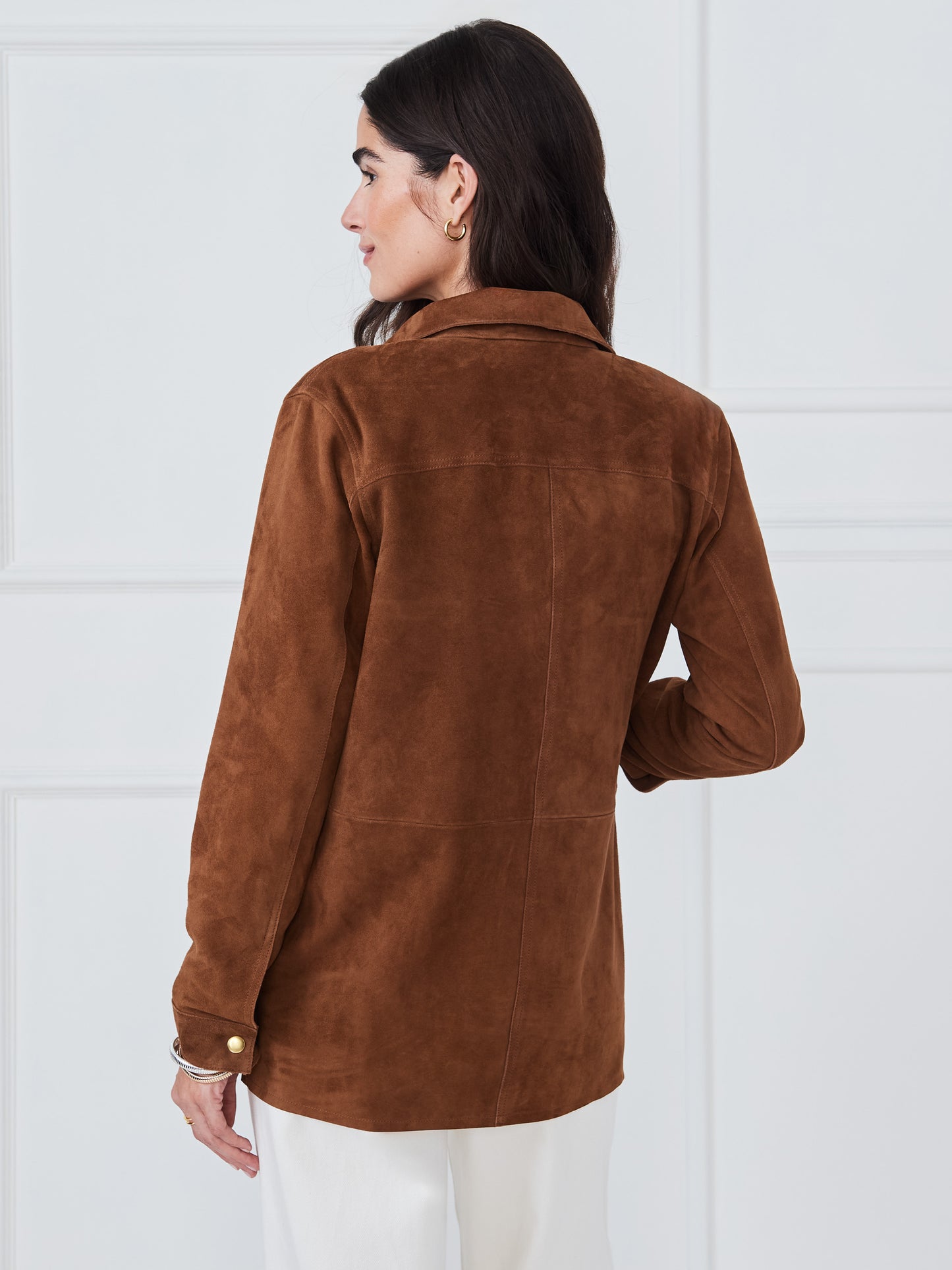J.McLaughlin Kavya jacket in coffee made with goat suede.