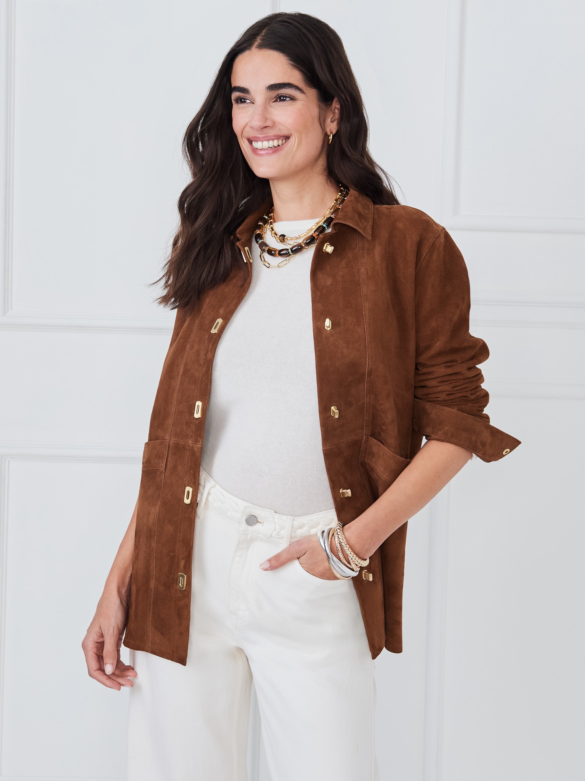 J.McLaughlin Kavya jacket in coffee made with goat suede.