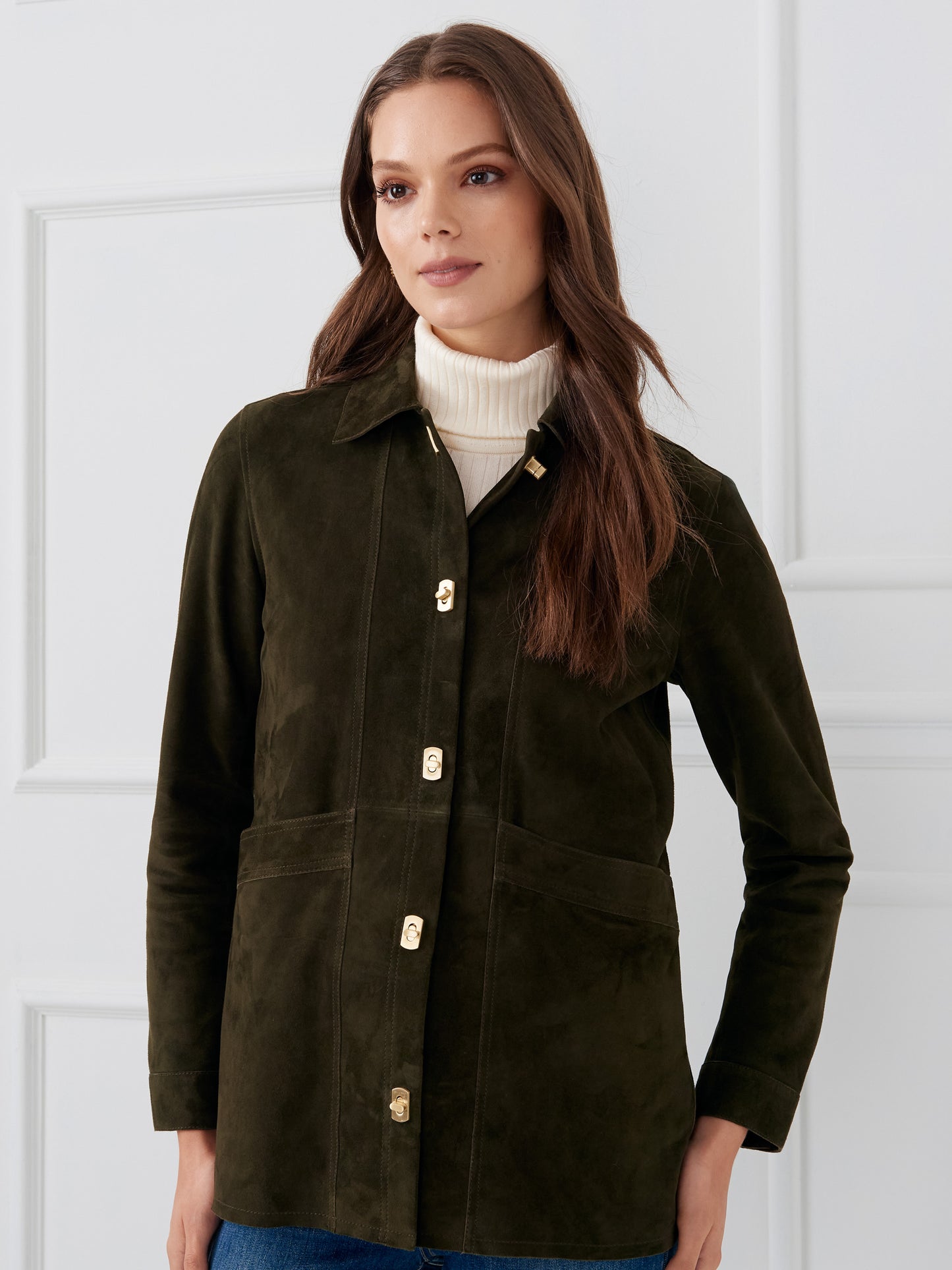 J.McLaughlin Kavya jacket in olive made with suede.