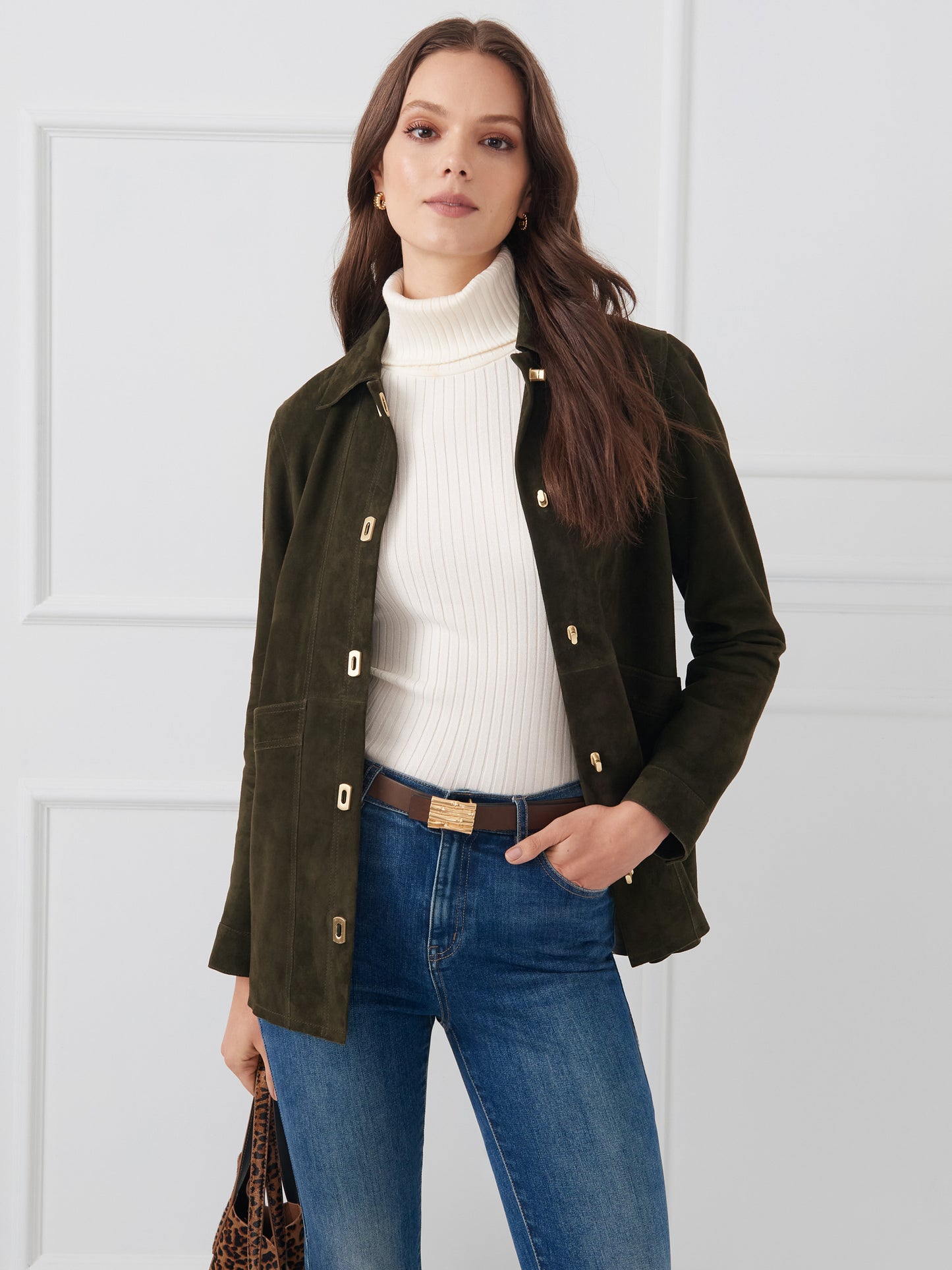 J.McLaughlin Kavya jacket in olive made with suede.