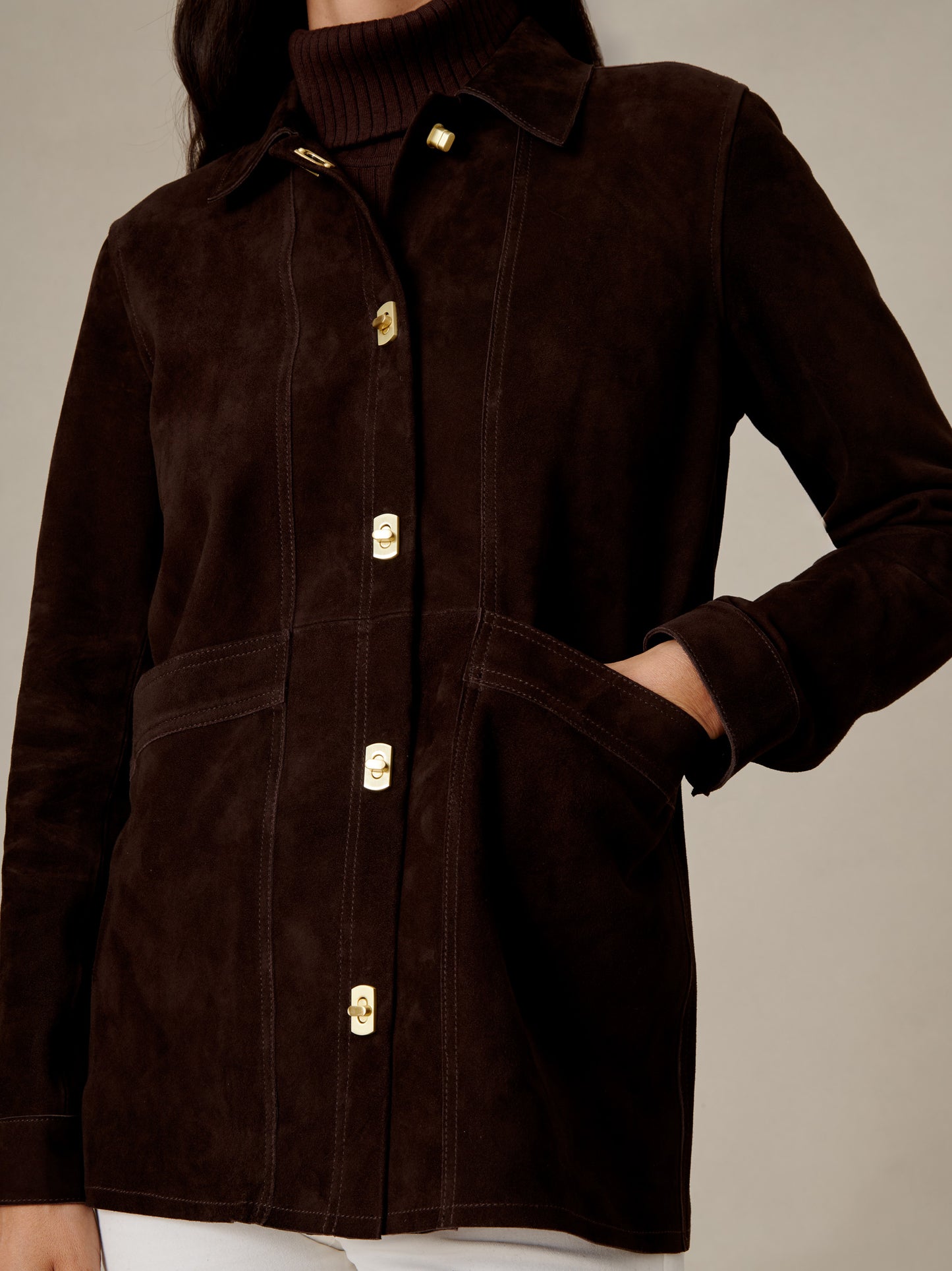 Kavya Suede Jacket by J.McLaughlin in dark brown suede with a stand collar gold buttons and roomy patch pockets