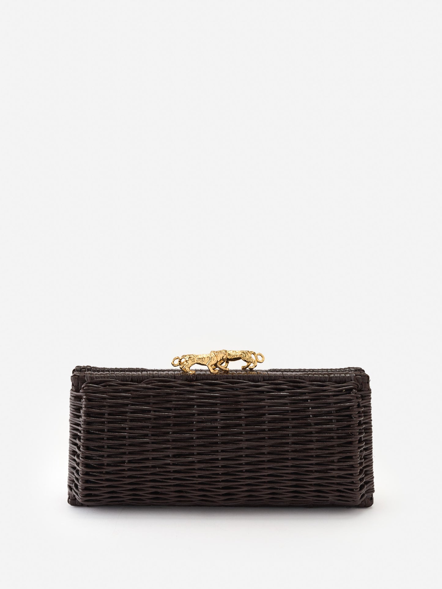 J.McLaughlin Keaton clutch in dark brown made with wicker.