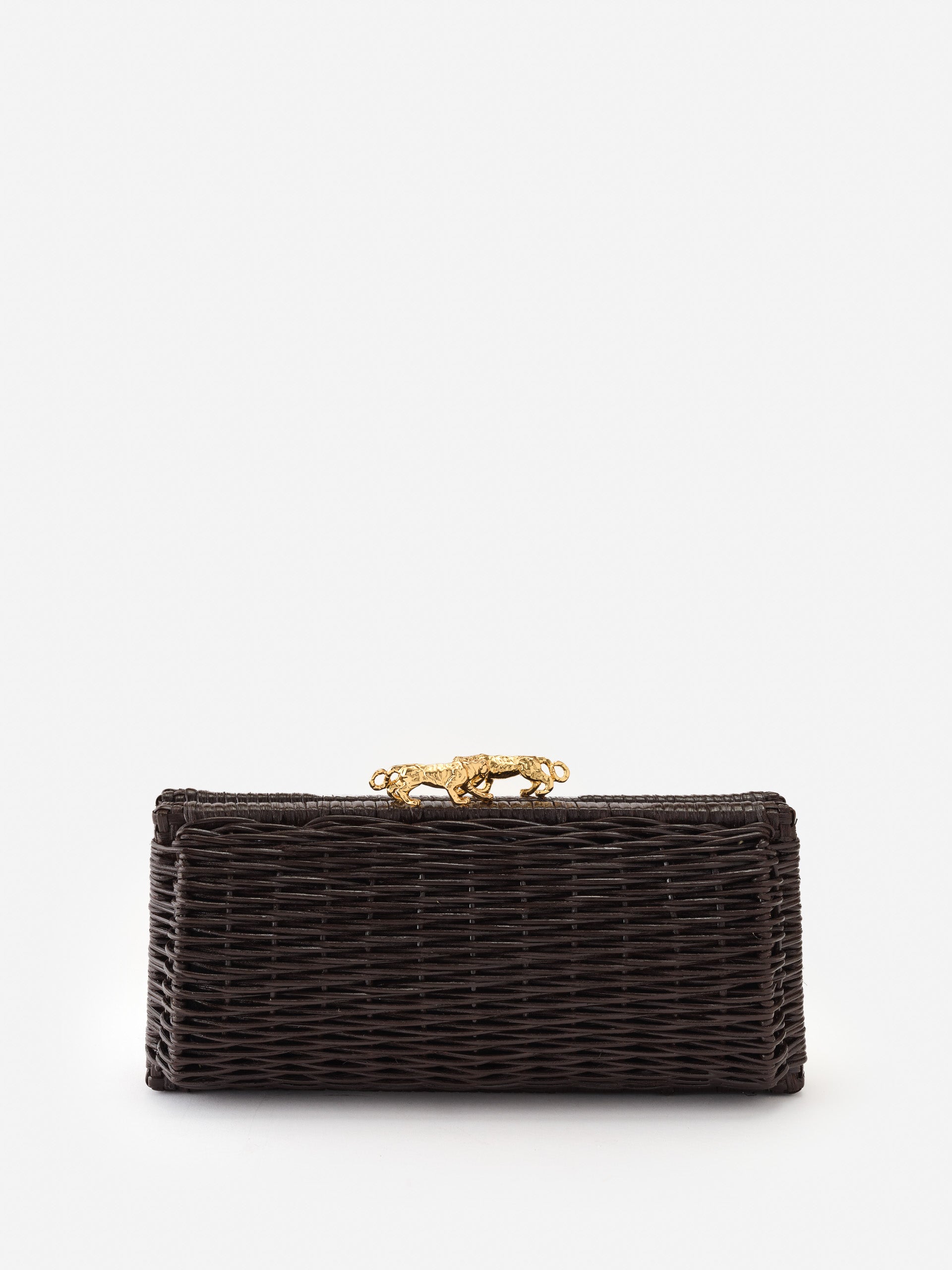 J.McLaughlin Keaton clutch in dark brown made with wicker.