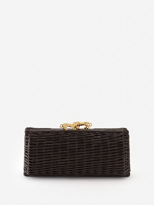 J.McLaughlin Keaton clutch in dark brown made with wicker.