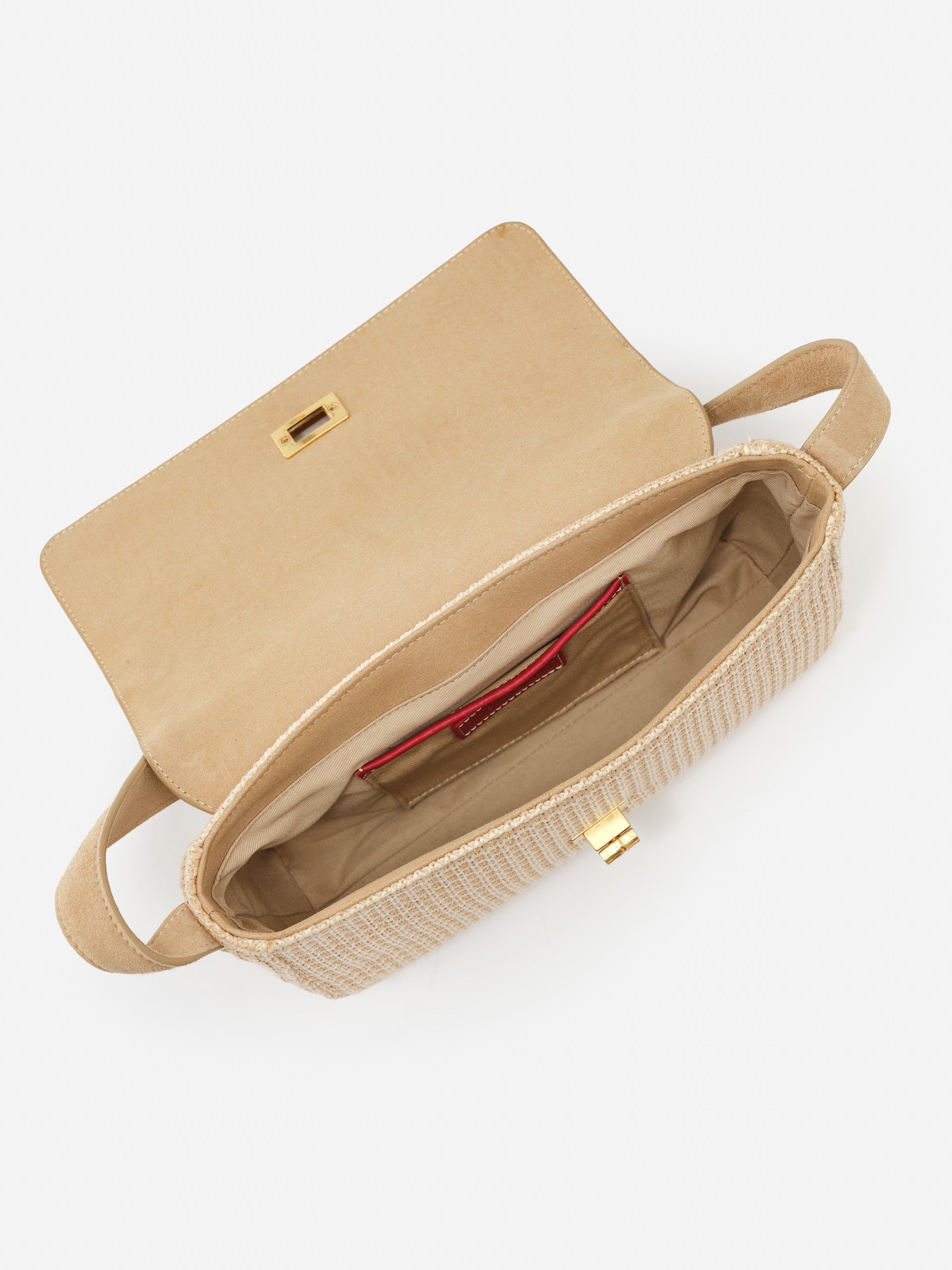 J.McLaughlin Laasya handbag in khaki/off white made with grasscloth/suede.