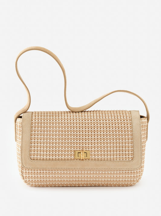 J.McLaughlin Laasya handbag in khaki/off white made with grasscloth/suede.