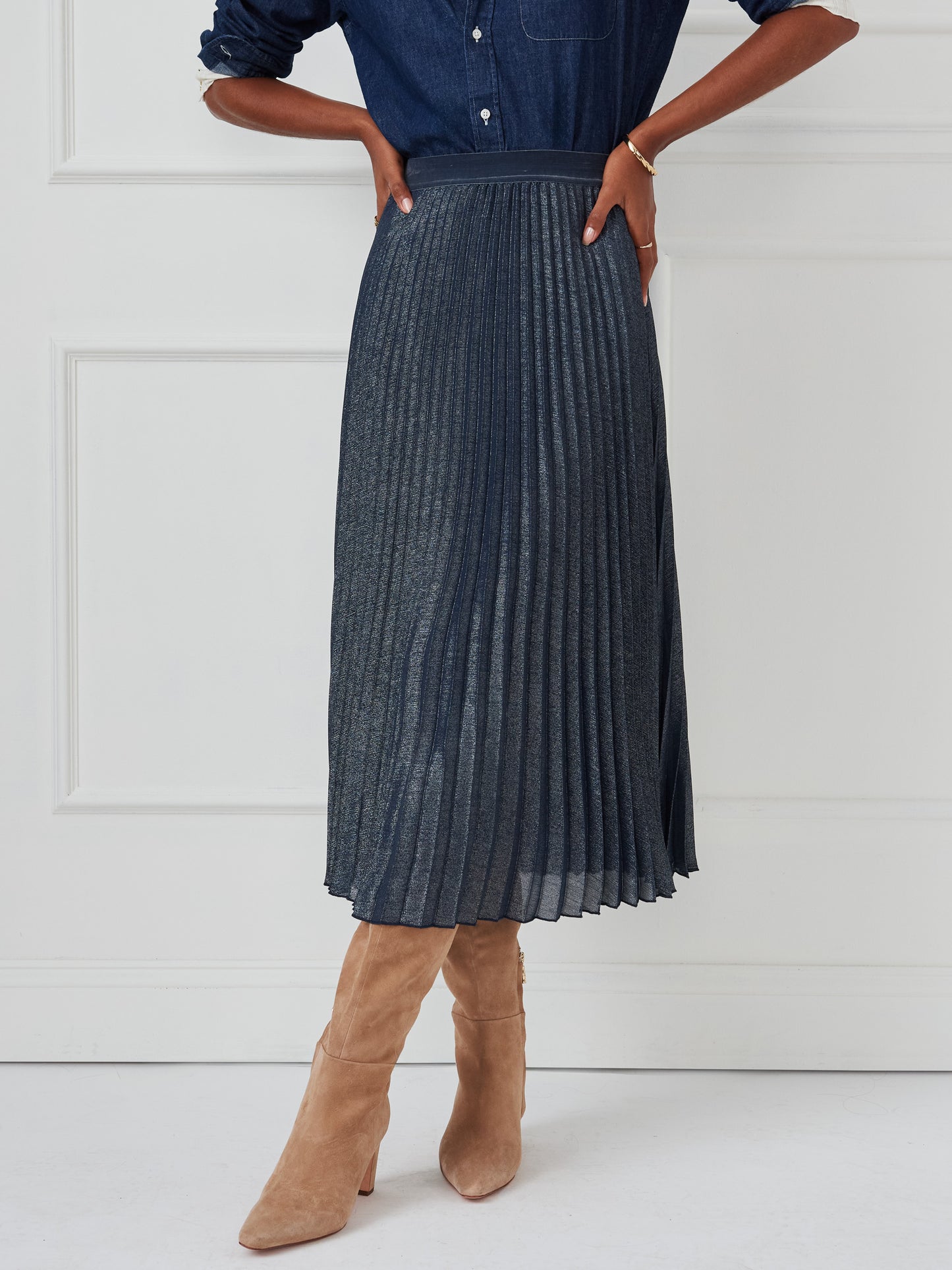 J.McLaughlin Laura skirt in navy/silver made with polyester.