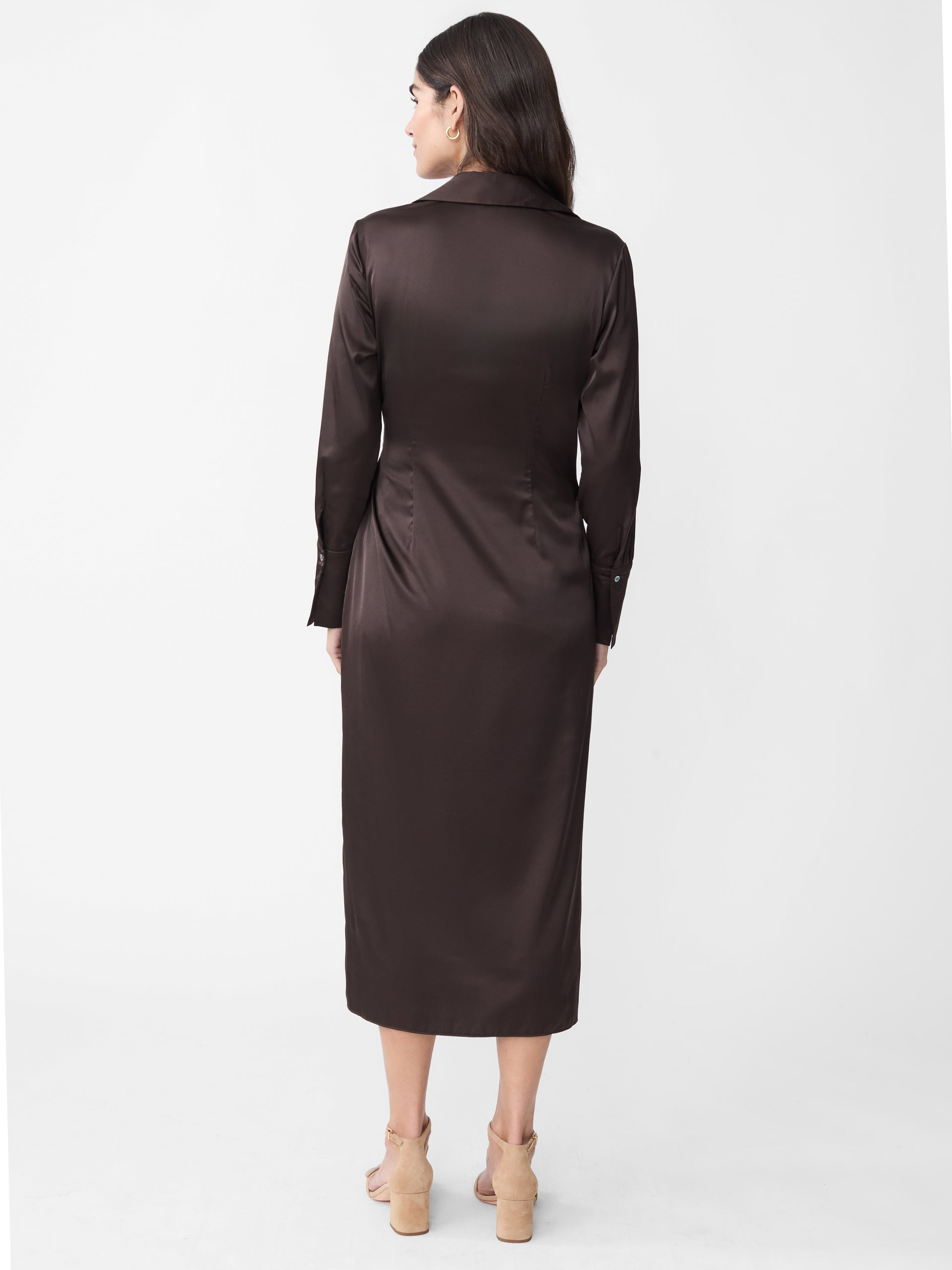 J.McLaughlin Leandra dress in dark chocolate made with satin.