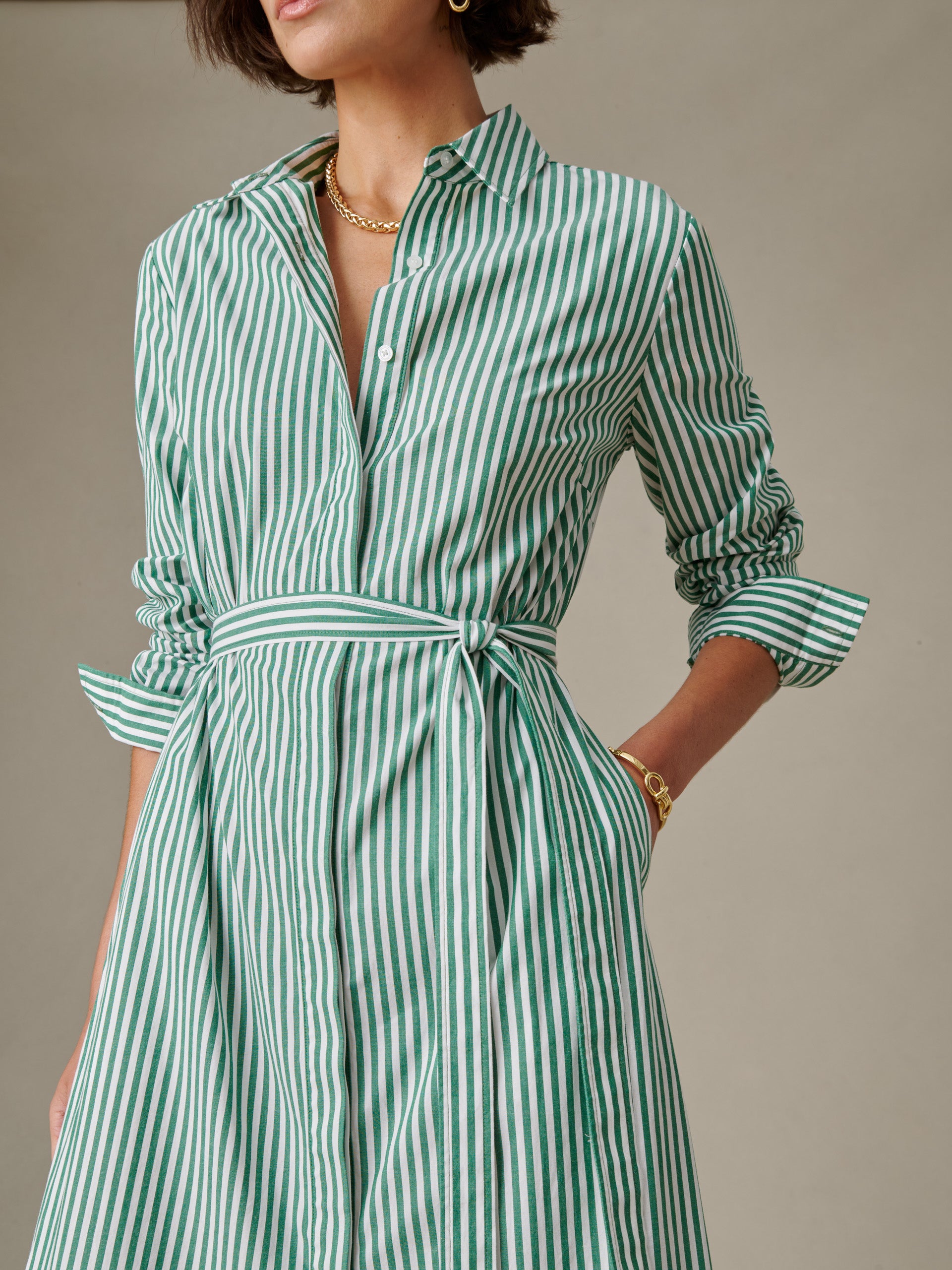 Woman wearing J.McLaughlin Leighton Dress in Stripe with green and white vertical stripes, featuring a collar, button-down front, and tied waist belt, styled with gold jewelry.