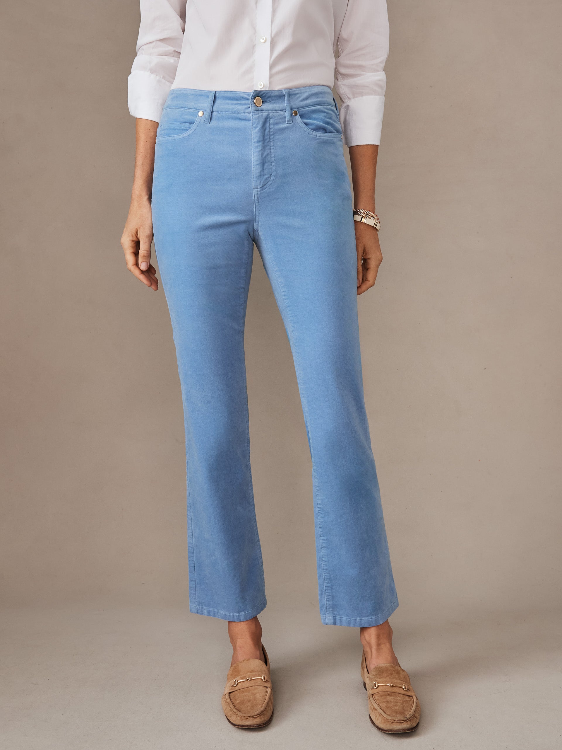 J.McLaughlin Lenni jeans in ash blue made with stretch velveteen. 