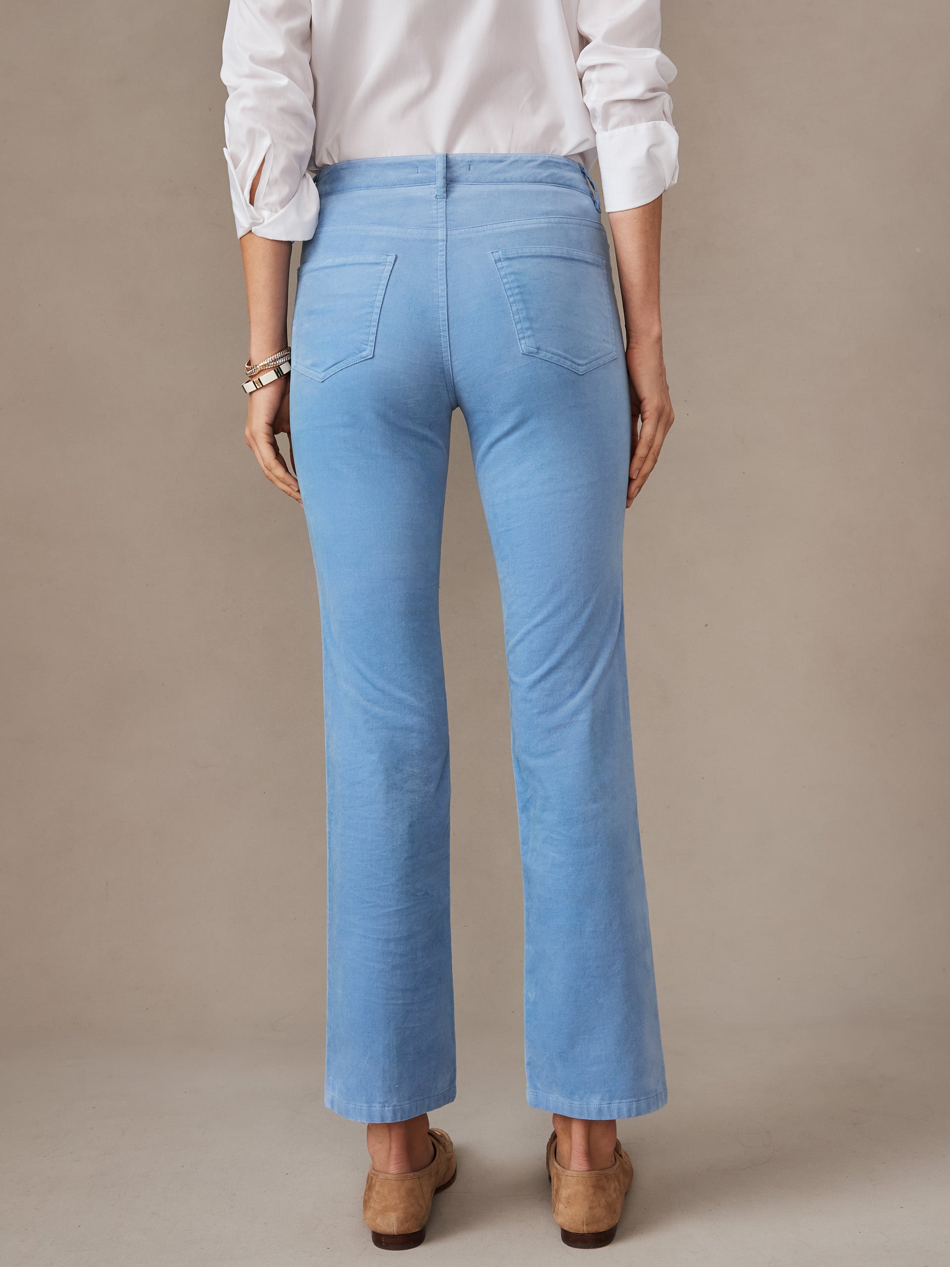 J.McLaughlin Lenni jeans in ash blue made with stretch velveteen. 