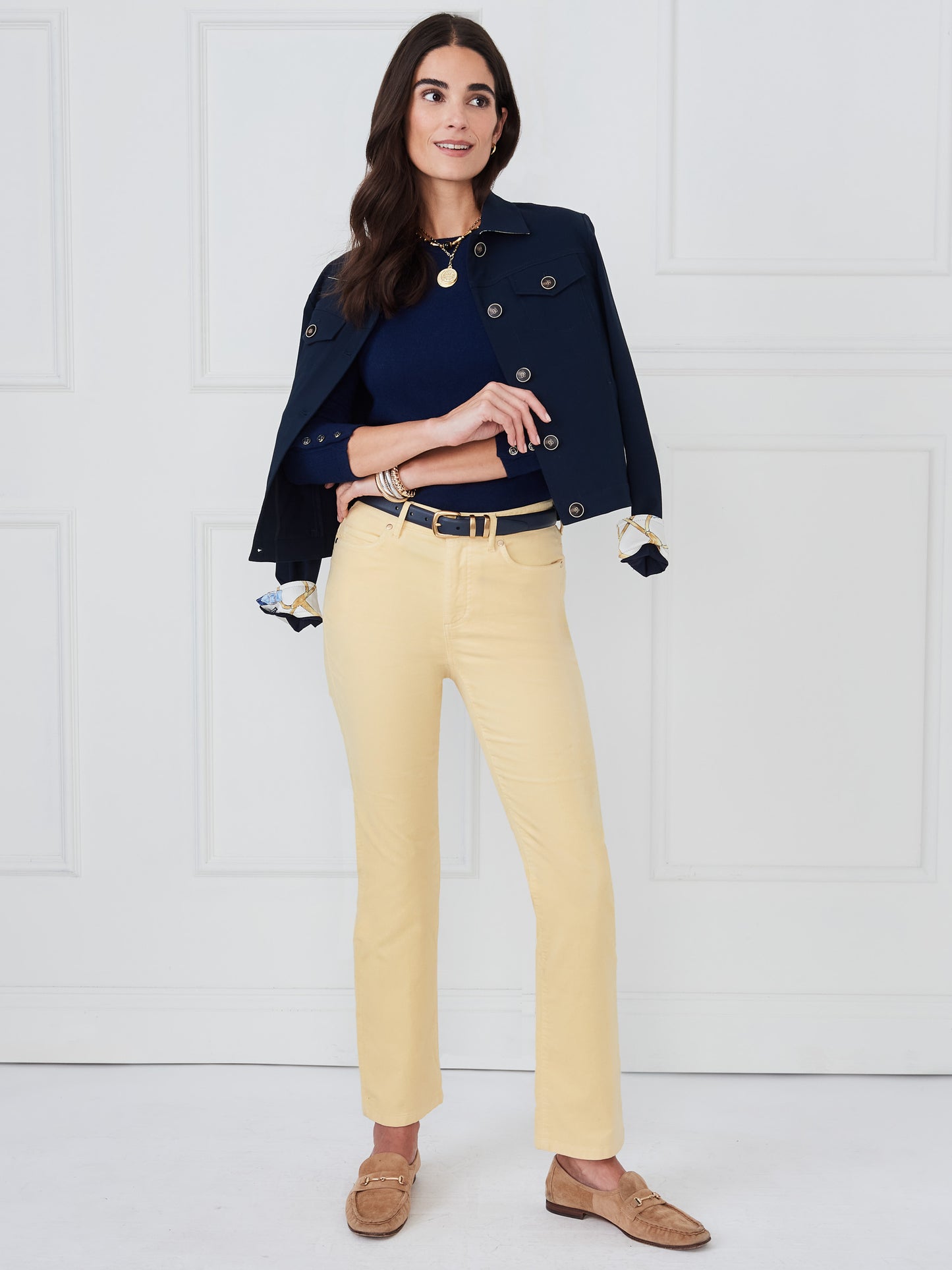 J.McLaughlin Lenni pants in pale yellow made with velvet.