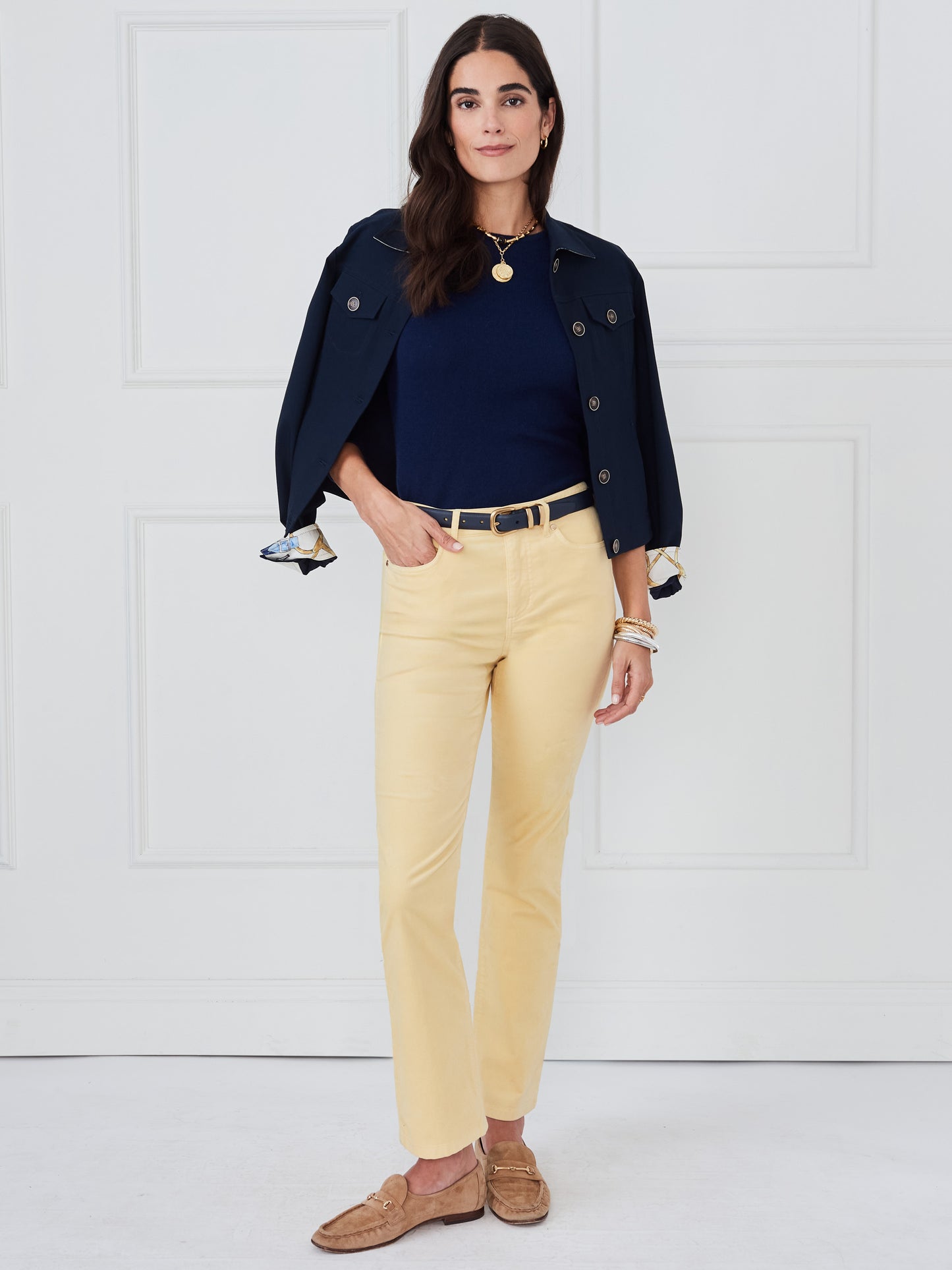 J.McLaughlin Lenni pants in pale yellow made with velvet.