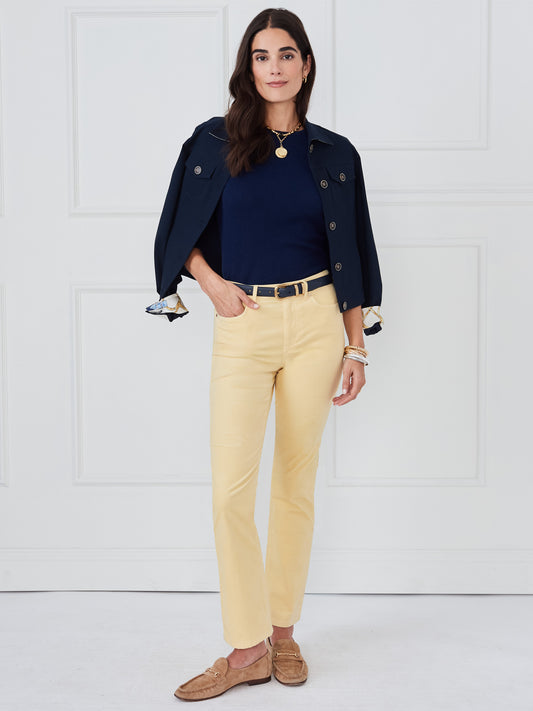 J.McLaughlin Lenni pants in pale yellow made with velvet.