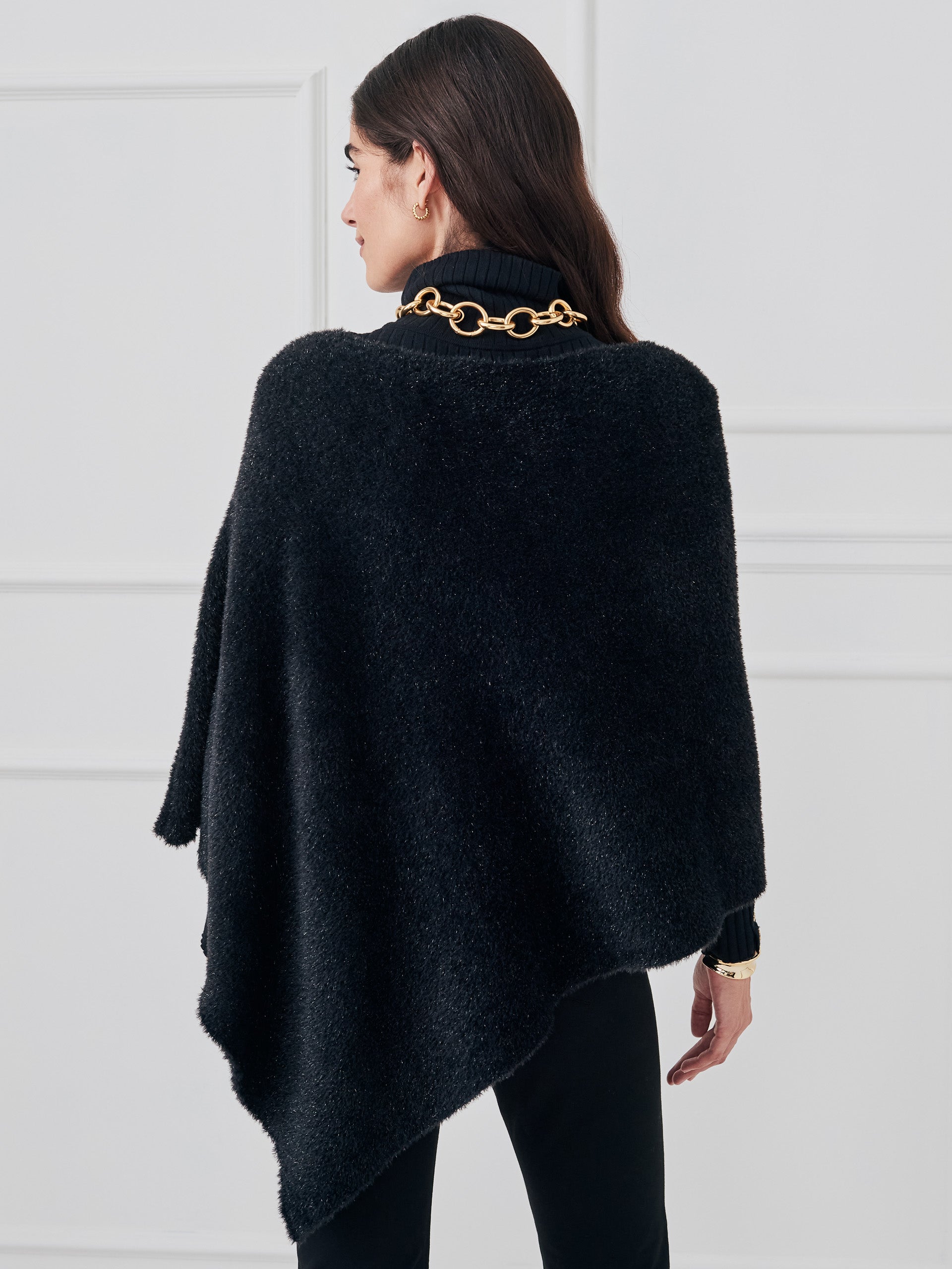 J.McLaughlin Livia poncho in black made with eyelash yarn. 