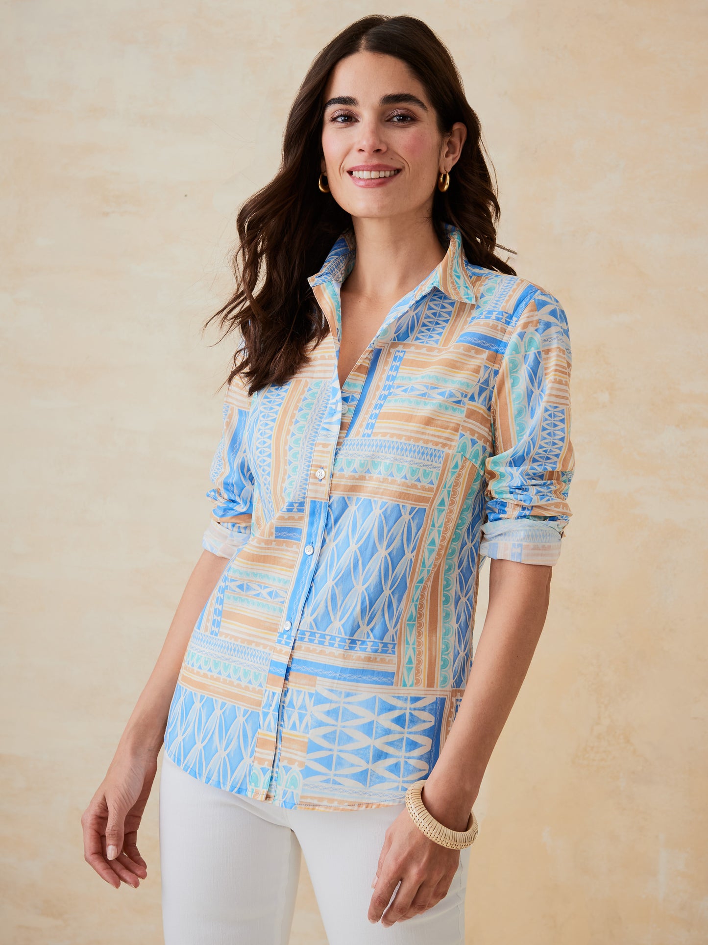 J.McLaughlin Lois shirt in blue/tan made with cotton. 
