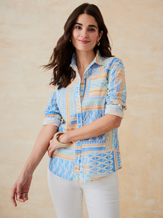 J.McLaughlin Lois shirt in blue/tan made with cotton. 