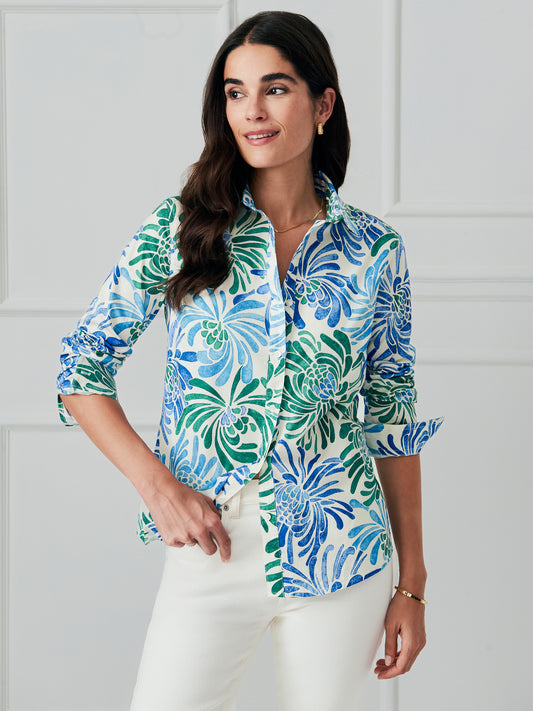J.McLaughlin Lois shirt in off white/navy/green made with cotton. 