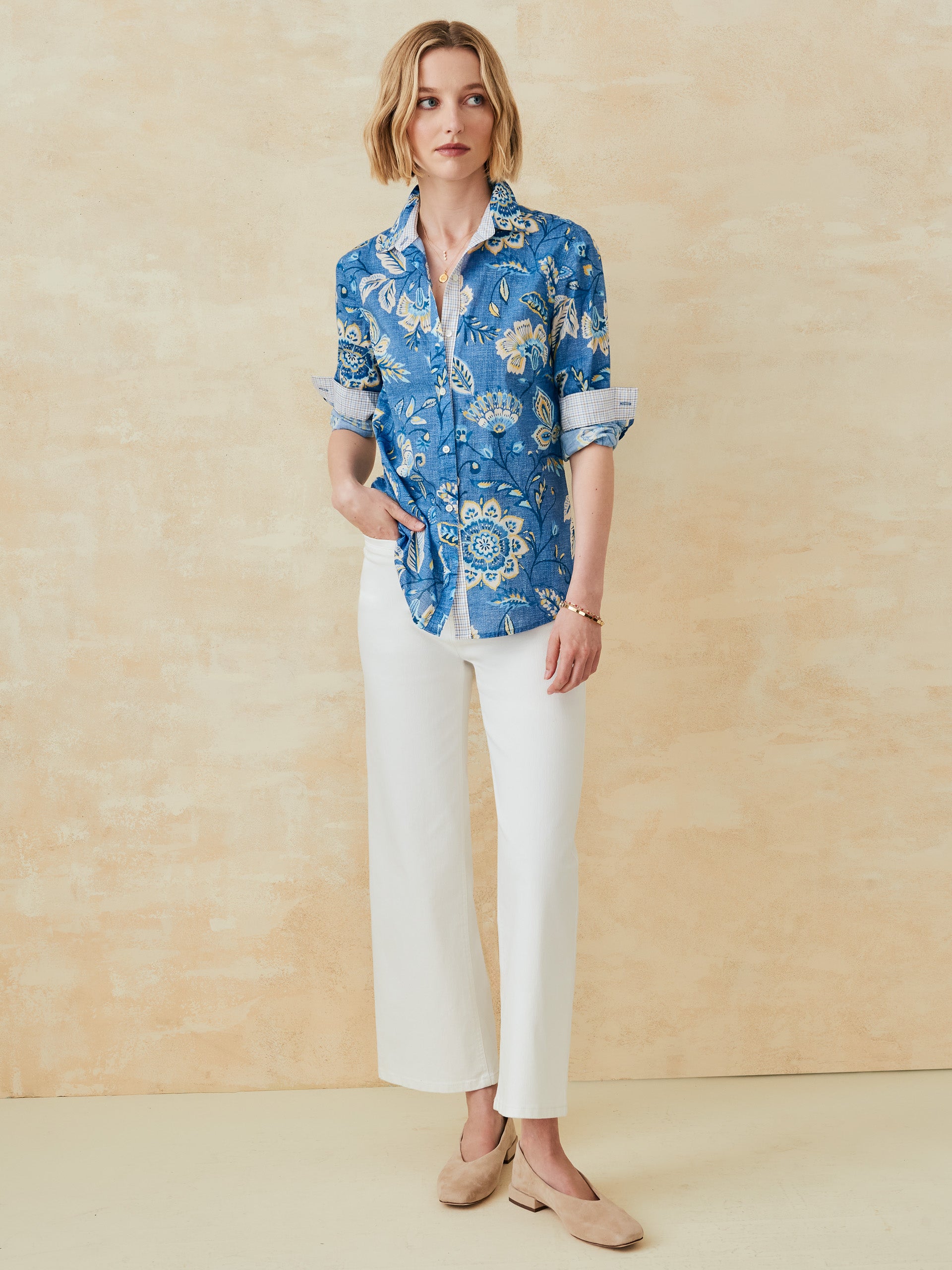 J.McLaughlin Lois shirt in denim/yellow made with cotton. 