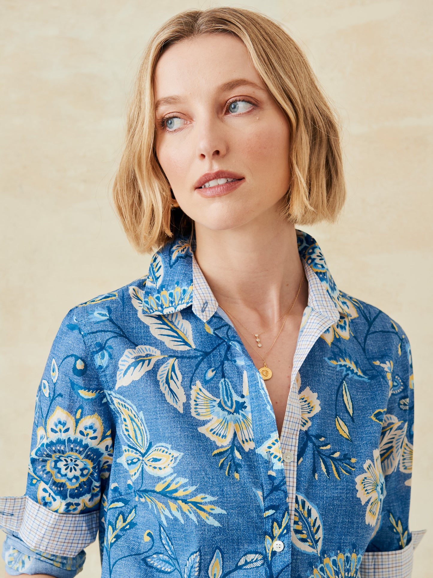 J.McLaughlin Lois shirt in denim/yellow made with cotton. 
