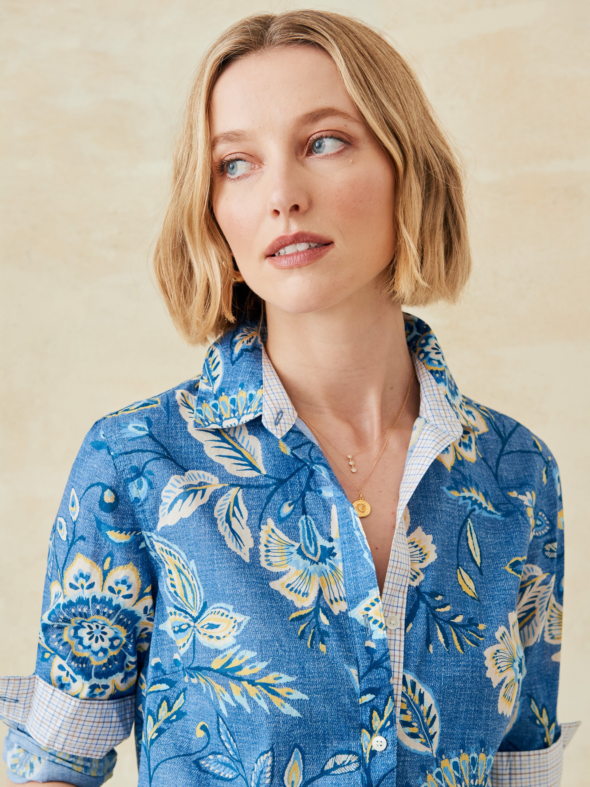 J.McLaughlin Lois shirt in denim/yellow made with cotton. 
