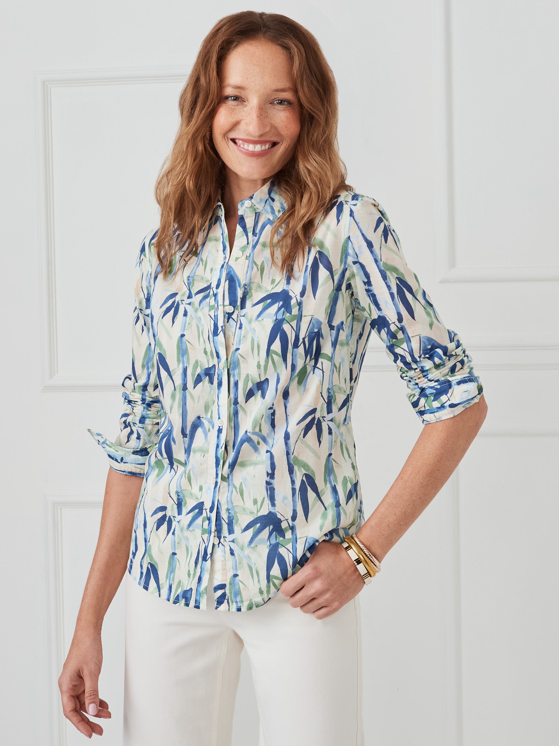 J.McLaughlin Lois shirt in blue/green made with cotton.