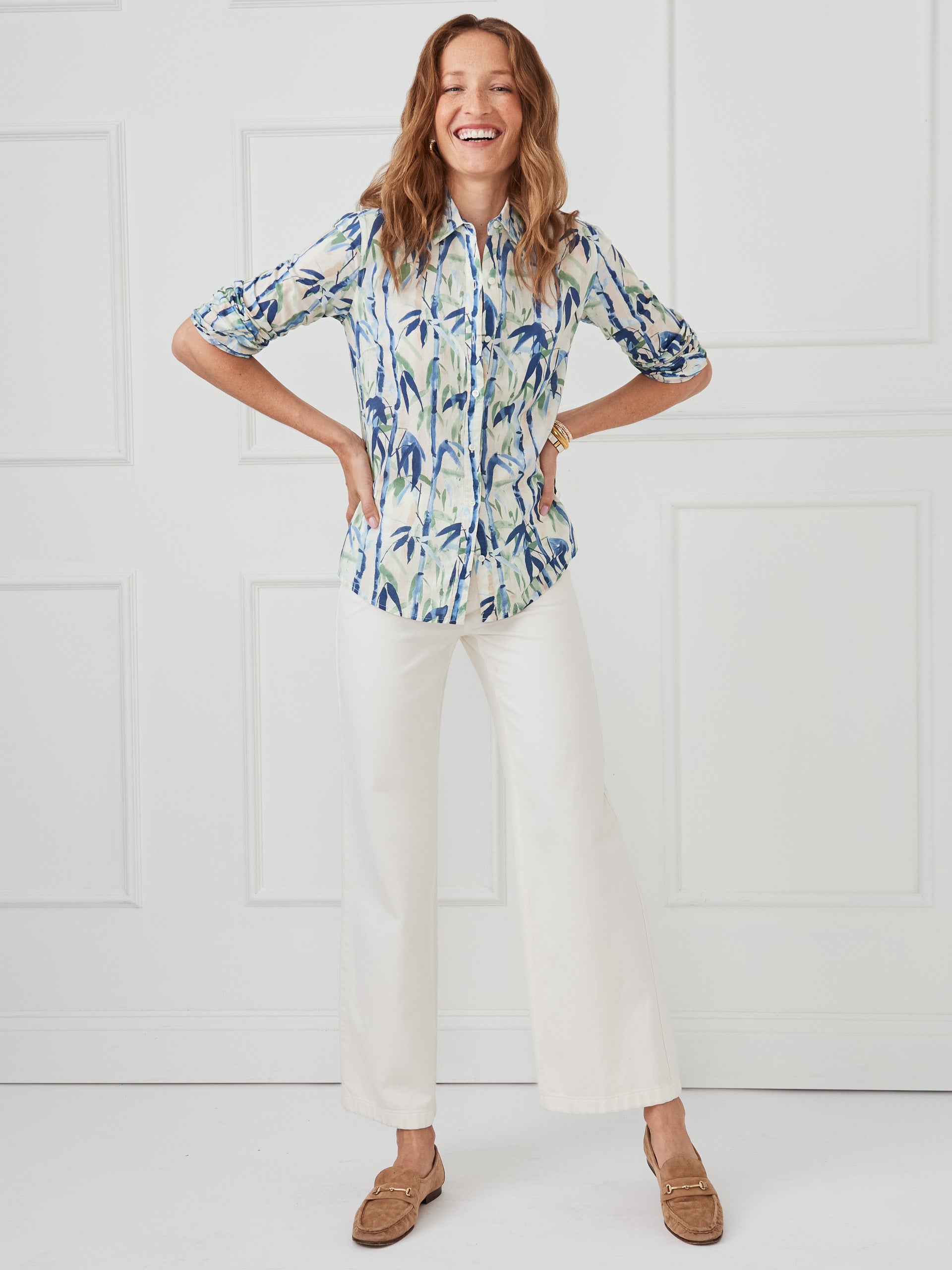 J.McLaughlin Lois shirt in blue/green made with cotton.