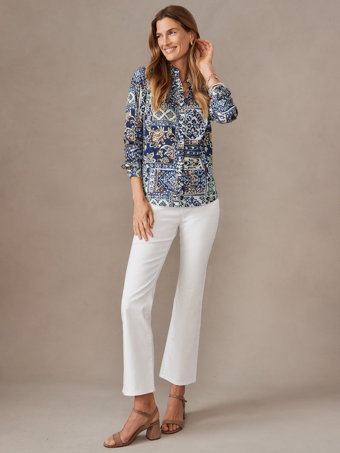 J.McLaughlin Lois shirt in navy/green/brown made with cotton.