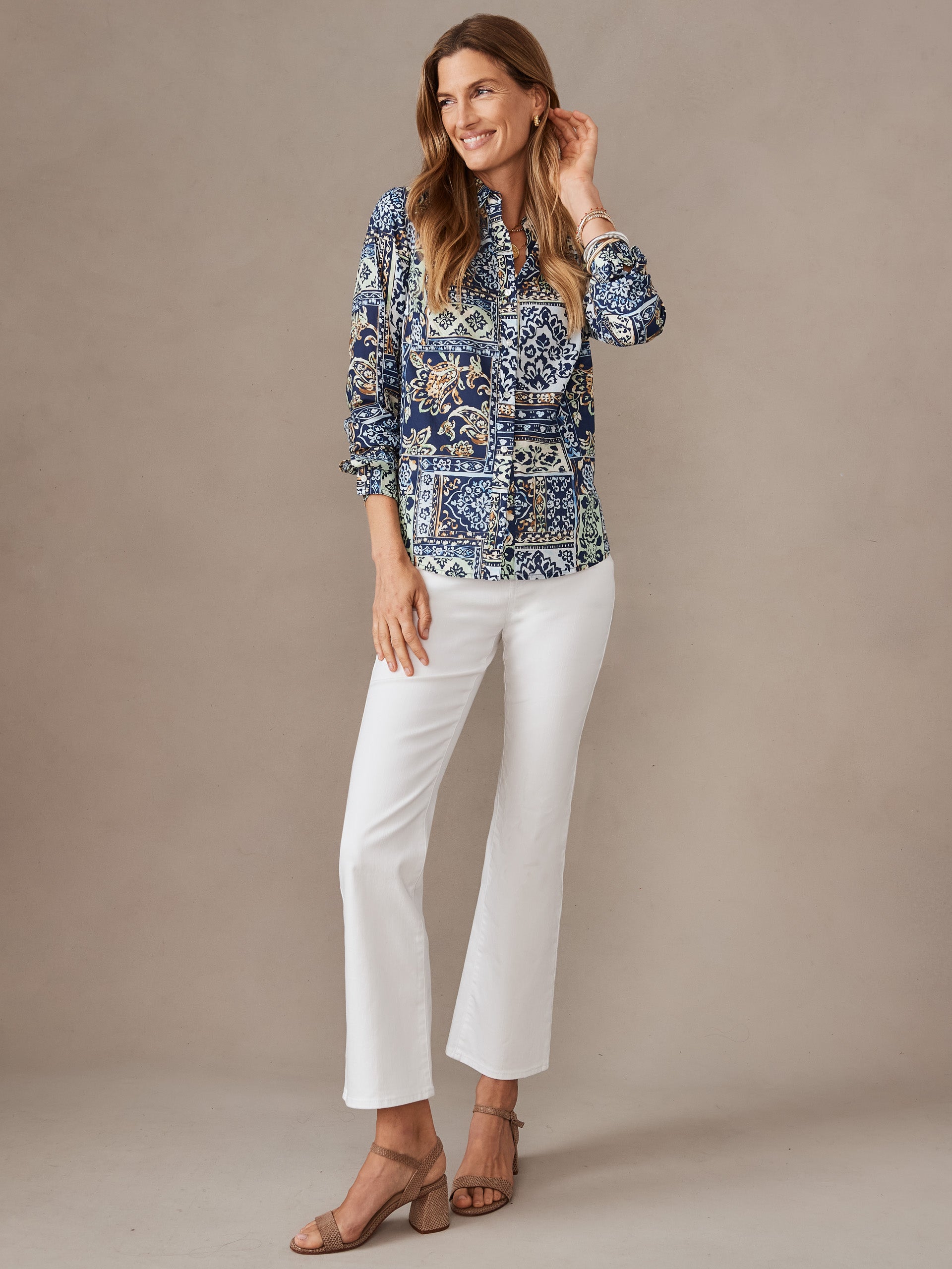 J.McLaughlin Lois shirt in navy/green/brown made with cotton.