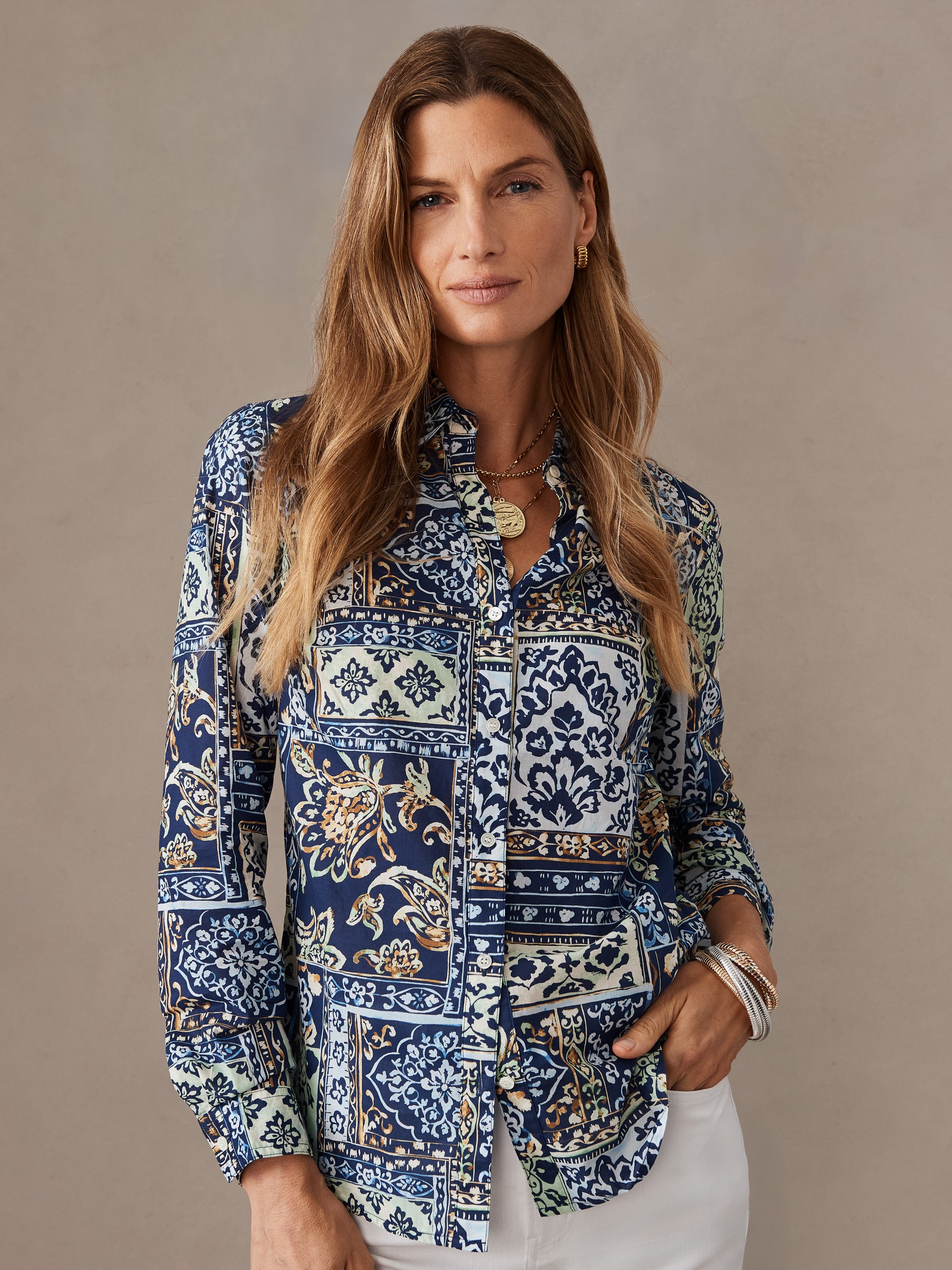 J.McLaughlin Lois shirt in navy/green/brown made with cotton.